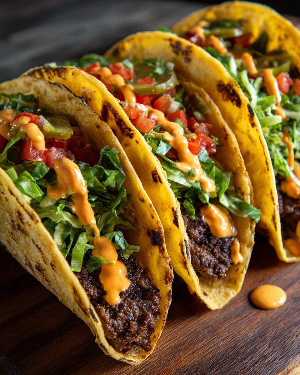 Four tacos sit in a close row on a dark wooden surface, each filled with three visible layers. The bottom layer is a grilled dark brown beef patty with a slightly crispy texture. Above this lies a fresh green shredded lettuce layer, topped with diced bright red tomatoes and green pickle slices. A thick drizzle of creamy orange sauce runs across the top of each taco, with some pooling on the wooden surface below. The tacos are held in soft, slightly charred pale yellow corn tortillas with visible brown spots. photo taken with an iphone --ar 4:5 --v 7