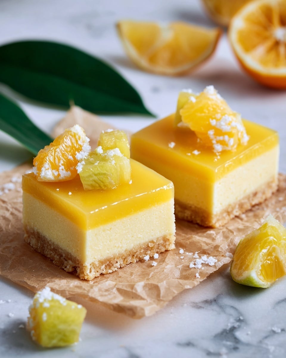 The image shows two square pieces of yellow dessert bars with a shiny glaze on top, placed on a piece of brown parchment paper. Each bar has a smooth, glossy yellow top layer with a slightly crumbly light beige base layer visible beneath. The bars are cut into smaller squares, with two squares closely placed together in the center and others partially visible around the edges. Surrounding the bars are chunks of yellow fruit, likely mango, with a smooth texture and glossy finish, along with a green leaf in the top left corner. The setting is on a white marbled surface. photo taken with an iphone --ar 4:5 --v 7