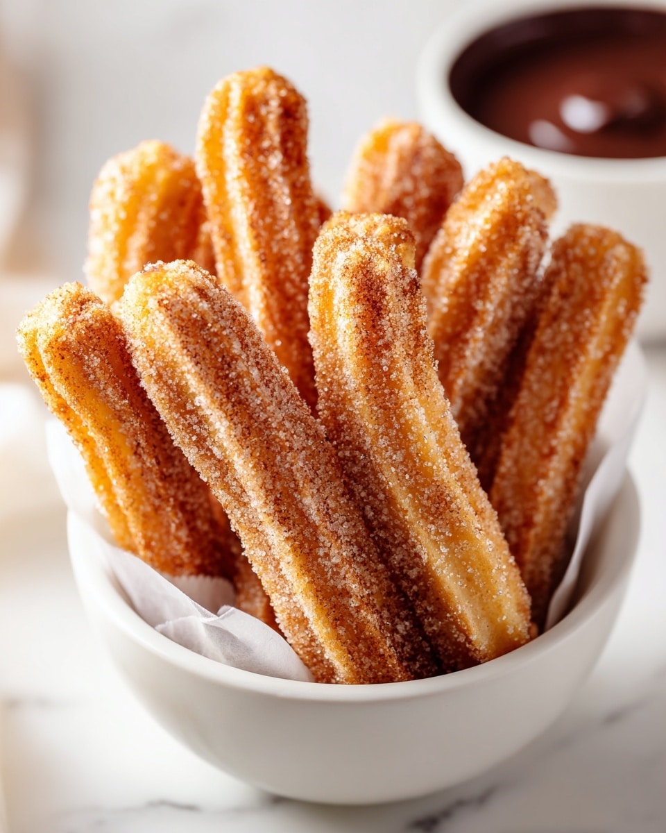 A white bowl is filled with golden-brown churros, each churro coated with sugar giving a slightly grainy texture on the outside. The churros have ridges running along their length and they are arranged upright, some leaning to the sides. In the background, a white bowl holds a dark chocolate sauce that looks smooth and thick. The whole scene is set on a white marbled surface. photo taken with an iphone --ar 4:5 --v 7