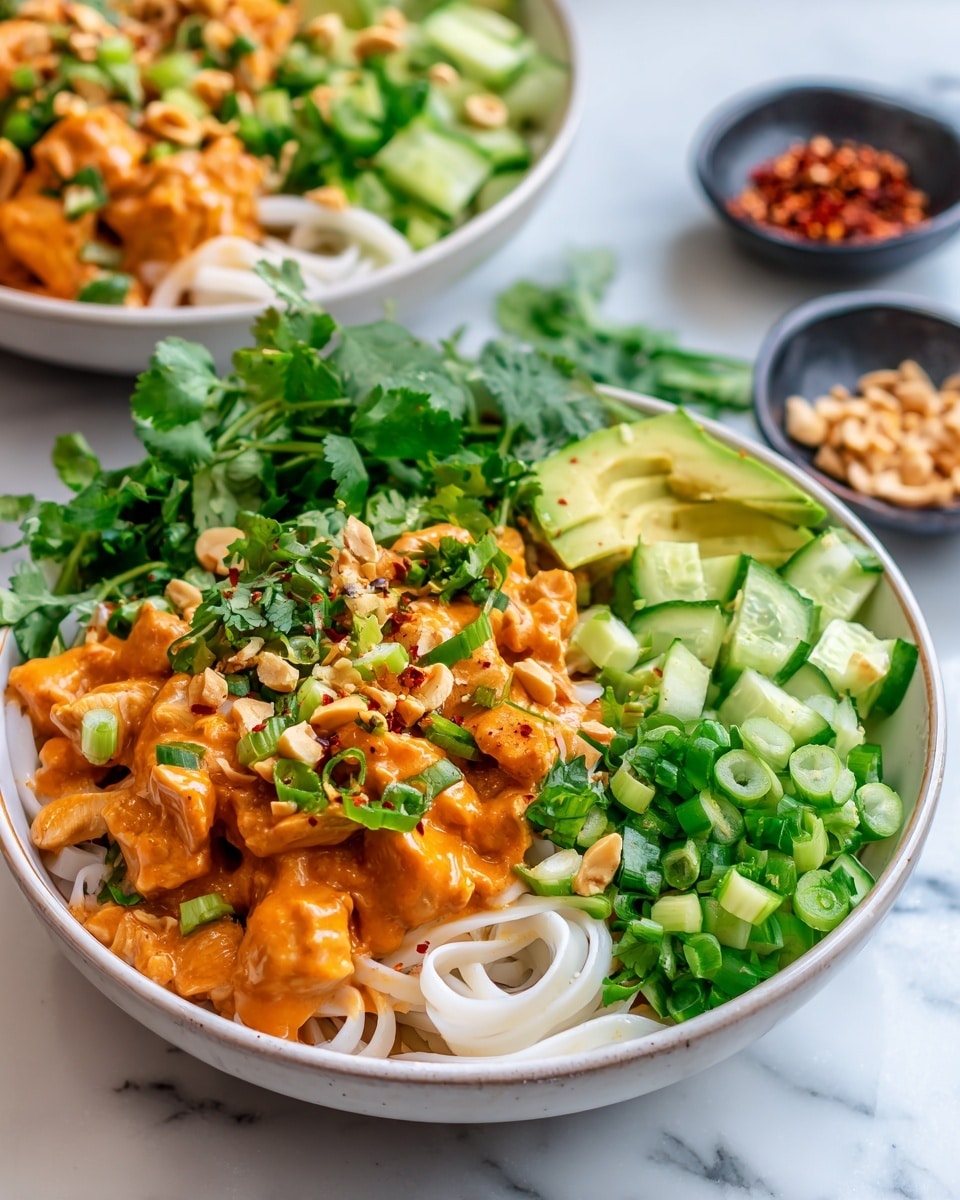 The image shows two white bowls filled with Thai peanut chicken noodle bowls on a white marbled surface. Each bowl has three main layers visible: on one side, curly white rice noodles; in the center, creamy orange peanut chicken with pieces of cooked chicken covered in sauce; and fresh green vegetables on the other side—one bowl has slices of light green avocado, chopped green onions, and fresh cilantro leaves, while the other bowl has fresh cilantro, chopped cucumbers, and green onions. Both bowls are topped with chopped roasted peanuts and some crushed red chili flakes, adding texture and color. There are small black bowls with crushed peanuts and chili flakes in the background. photo taken with an iphone --ar 4:5 --v 7