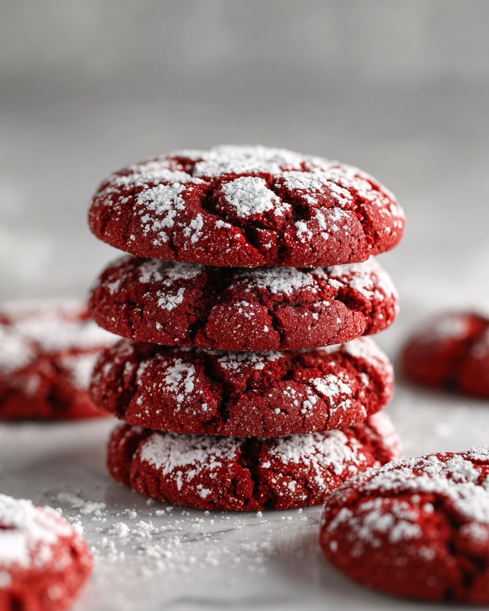 A stack of four red velvet cookies with cracked tops dusted lightly with white powdered sugar, placed on a white marbled surface. The cookies have a soft, slightly crumbly texture with visible dark cracks and a rich red color throughout. Around the main stack, there are a few more cookies, slightly blurred in the background to give depth to the image. The lighting is soft, highlighting the powder and texture of the cookies. Photo taken with an iphone --ar 4:5 --v 7