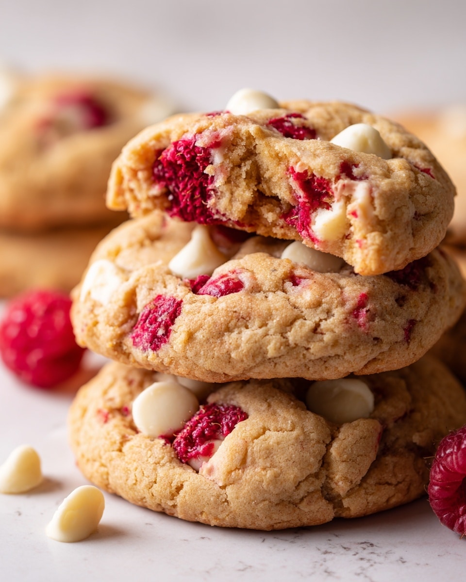 A close-up view of several soft cookies stacked closely together. Each cookie has a light golden-brown base with a slightly crinkled surface. Scattered on and within the cookies are chunks of white chocolate that have a creamy, smooth texture and bright white color. Bright red pieces, possibly raspberries or another red berry, are embedded throughout the cookies in irregular patches, adding vibrant color contrasts. The cookies have a chewy and slightly thick appearance with some areas slightly darker from baking. The background is a white marbled texture. photo taken with an iphone --ar 4:5 --v 7
