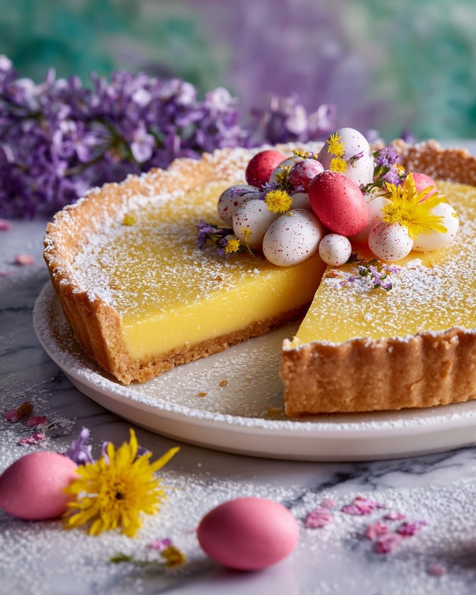 A lemon tart with a golden-brown crust at the bottom and sides, filled with smooth, bright yellow lemon filling in one thick layer. The top is dusted with white powdered sugar and decorated with glossy, small candy eggs in shades of red, pink, and white, clustered on one side. The tart is cut into five slices, with two slices slightly separated to show the thick texture of the filling. It sits on a white plate with powdered sugar scattered around, on a white marbled surface, surrounded by small yellow and purple flowers. Photo taken with an iphone --ar 4:5 --v 7