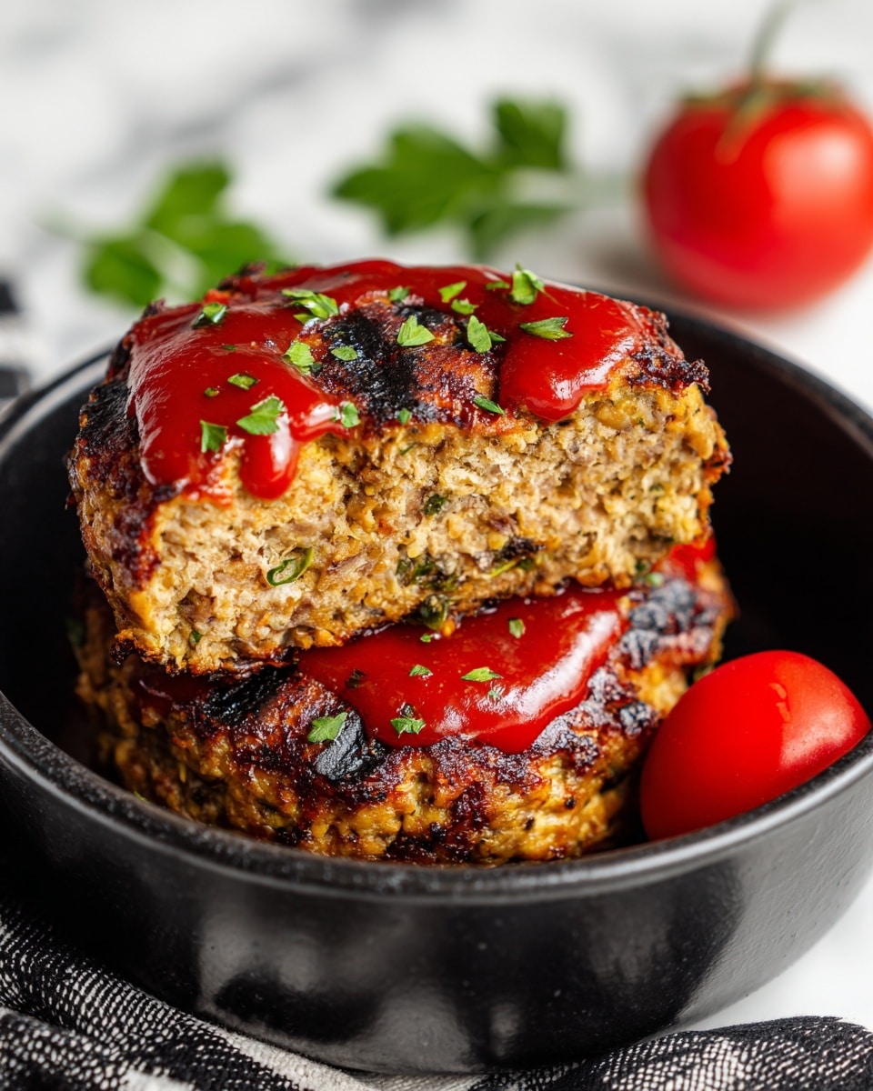 The image shows two thick, round meatloaf patties inside a black air fryer basket, placed on a white marbled surface. The meatloaf patties have a crispy, browned texture with visible oats or grains, and they are topped with a glossy, bright red barbecue sauce that is spread unevenly across the surface. One patty is cut in half, showing a dense, moist, light brown interior with bits of herbs or seasoning mixed in. Small green vegetable pieces are scattered on top for garnish. A bright red whole tomato sits in the background, adding a pop of color, and greens peek from the side, enhancing freshness. photo taken with an iphone --ar 4:5 --v 7