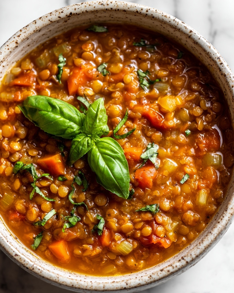 A close-up of a bowl filled with thick vegetable lentil soup. The soup has a rich orange-brown broth that is full of small, soft lentils, diced carrots, celery, and onions in warm earth tones of orange, green, and pale yellow. On the surface, small green herb leaves float, with one large bright green basil leaf standing out in the center. The soup is served in a rustic white bowl with a speckled texture, placed on a white marbled surface. The lighting highlights the glossy broth and the fresh herbs, giving the image a cozy and inviting feel. photo taken with an iphone --ar 4:5 --v 7