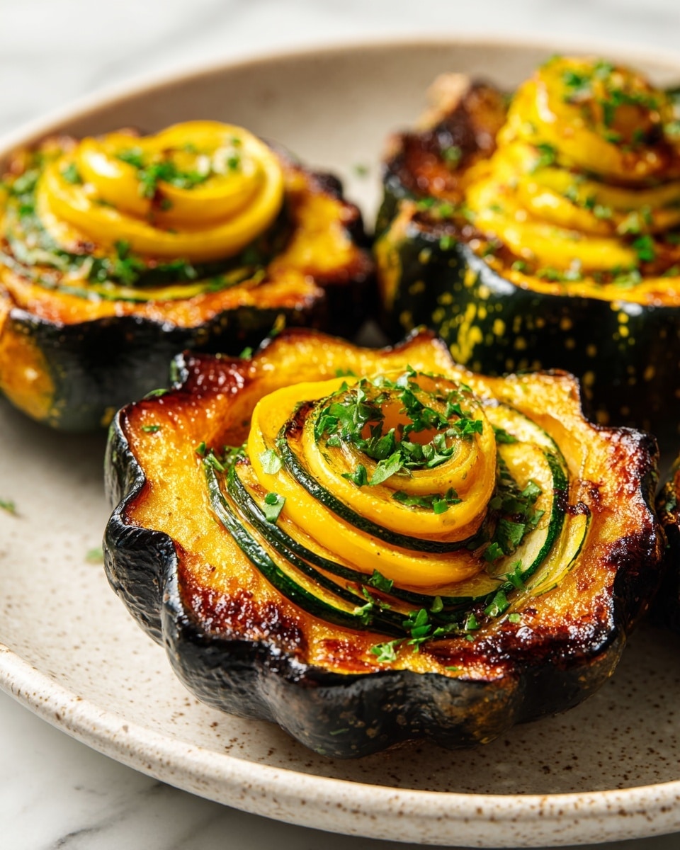 The image shows three small dark green acorn squashes cut in half and roasted, each filled with a golden-yellow creamy mixture. On top of the creamy layer in each squash, there is a thin, spiraled slice of cooked zucchini, which is slightly charred on the edges. The squashes are garnished with finely chopped green herbs scattered over the top. They are placed in a white plate with a smooth rim, resting on a white marbled surface. The texture of the squash skin is slightly rough and glossy, while the filling looks soft and rich with a caramelized finish. Photo taken with an iphone --ar 4:5 --v 7