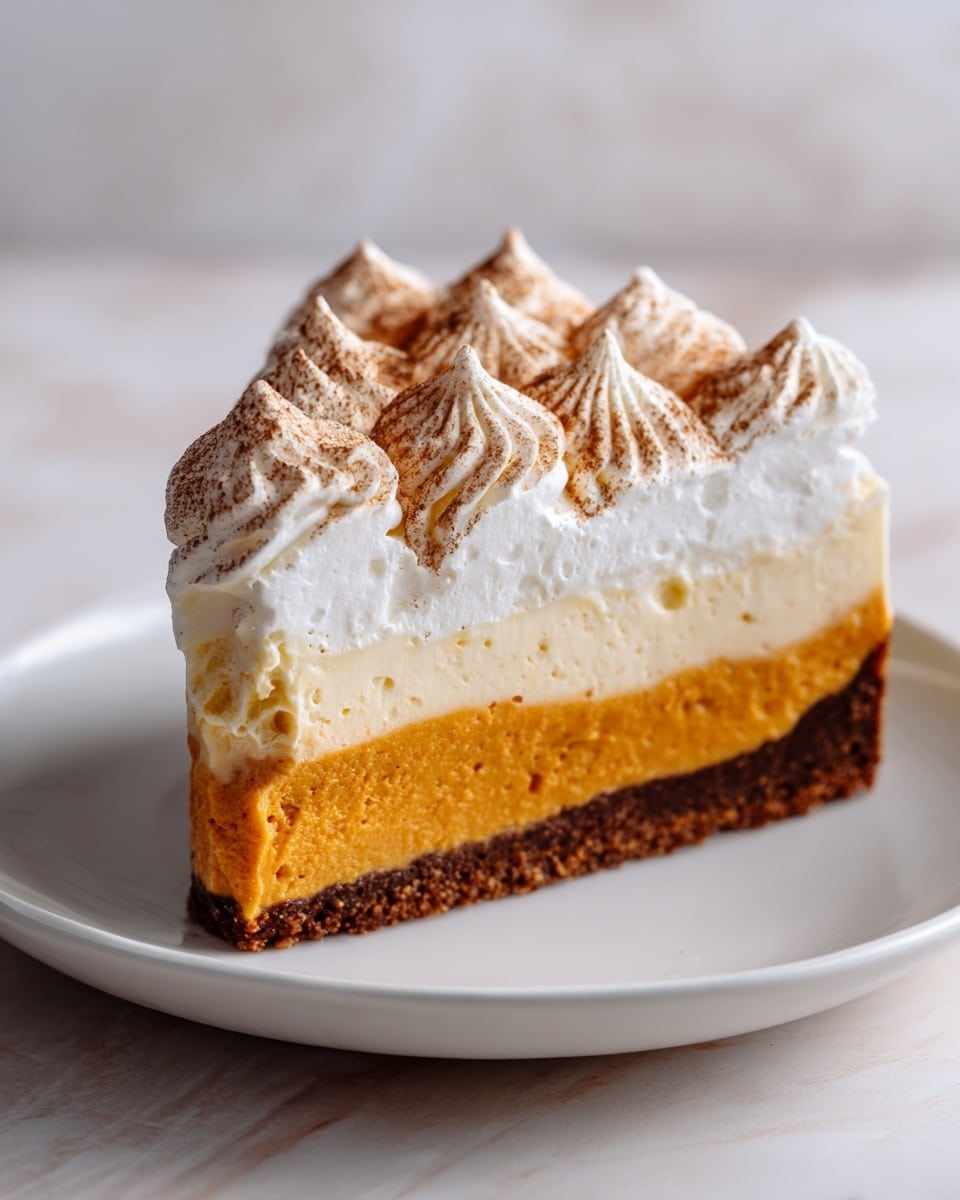 A slice of pie on a white plate is shown on a white marbled surface. The pie has three layers: the bottom layer is a dark brown crust with a crumbly texture, the middle layer is thick and smooth orange pumpkin filling, and the top layer is fluffy white whipped cream sprinkled with light brown cinnamon powder. The whipped cream seems light and soft, with some swirls visible on the surface. photo taken with an iphone --ar 4:5 --v 7