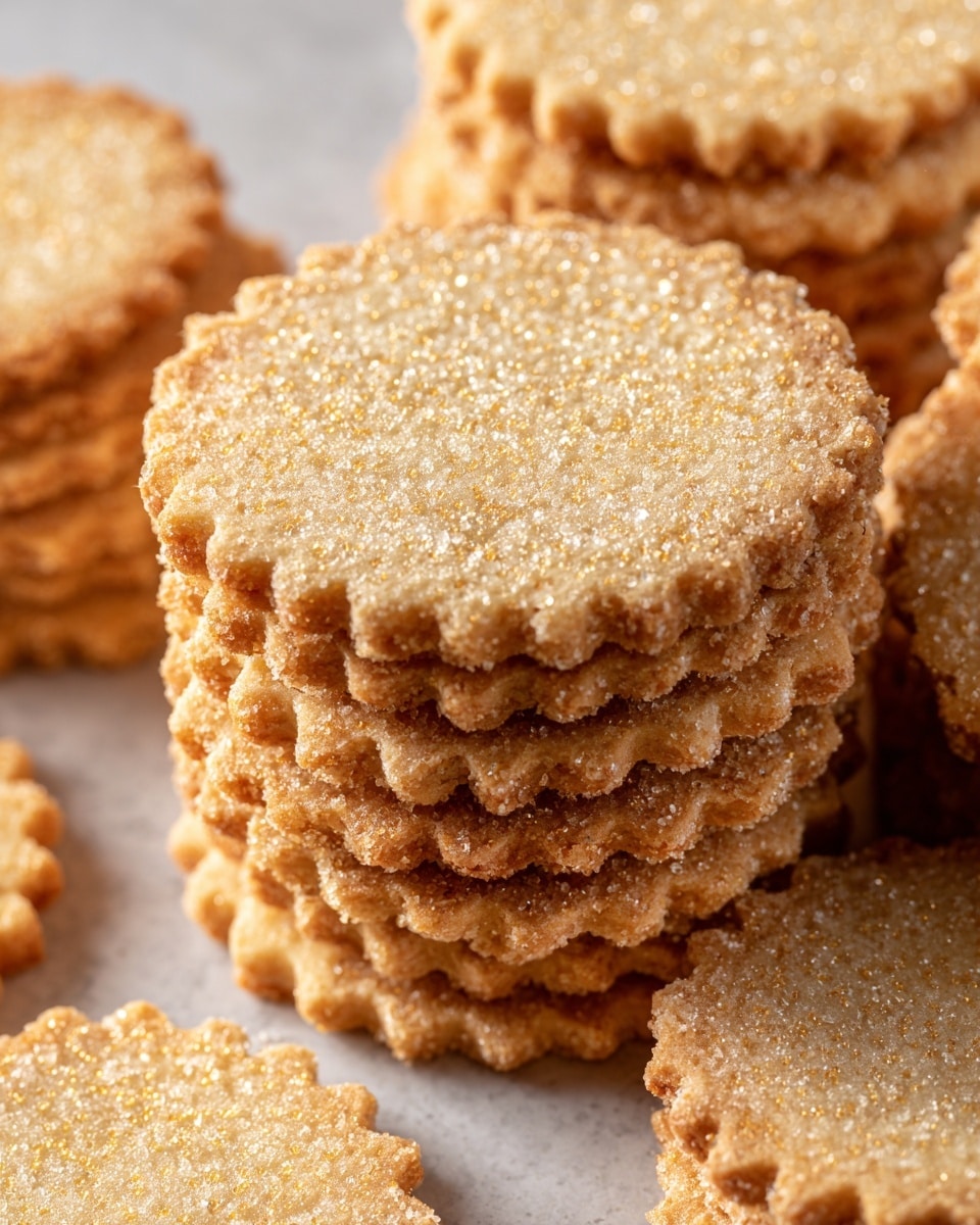 The image shows a close-up view of multiple round cookies stacked on a white marbled surface. Each cookie has a light golden-brown color with a rough sugar coating on top and slightly scalloped edges adding texture. The cookies are thin with a slightly crisp look, and the sugar crystals catch the light, giving a sparkly effect. The stacks are arranged closely, highlighting their uniform size and shape. photo taken with an iphone --ar 4:5 --v 7
