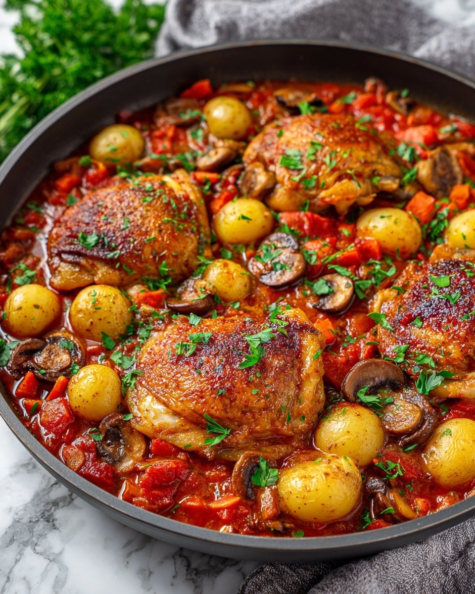 A close-up of a black pan filled with three browned chicken thighs sitting on top of a thick, rich, deep red tomato sauce mixed with small golden baby potatoes and dark brown mushrooms. The chicken is shiny with a slightly crispy skin and garnished with bright green parsley leaves scattered across the surface. The sauce underneath shows chunky red tomato pieces and bits of carrots, creating a textured base that fills the pan evenly. The whole dish is warm and hearty, resting on a white marbled surface with a blurred soft gray cloth in the background. Photo taken with an iphone --ar 4:5 --v 7