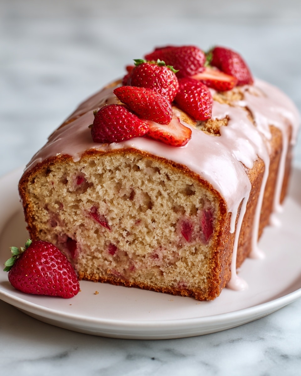 A loaf sliced into thick pieces sits on a white plate on a white marbled surface. The bread has a light golden brown crust, and inside, the texture looks soft and moist with visible red berry pieces scattered throughout. On top of the loaf, a pink glaze is spread unevenly, with small chunks of bright red berries embedded in the glaze, adding a fresh, juicy look. One slice is tilted forward, showing the bumpy crumb texture and spots of red berries inside the bread. Photo taken with an iphone --ar 4:5 --v 7