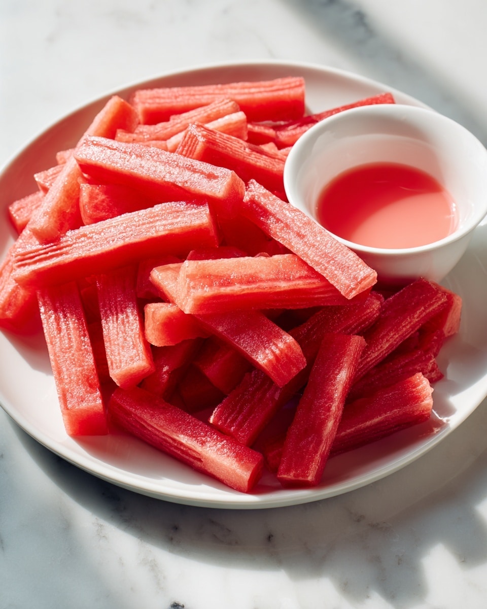A white plate is filled with many pieces of bright red crinkle-cut watermelon sticks, stacked in a loose pile. In the center of the plate, there is a small round white bowl filled with pink dipping sauce. The plate sits on a white marbled surface. The light makes the watermelon look juicy and fresh. photo taken with an iphone --ar 4:5 --v 7
