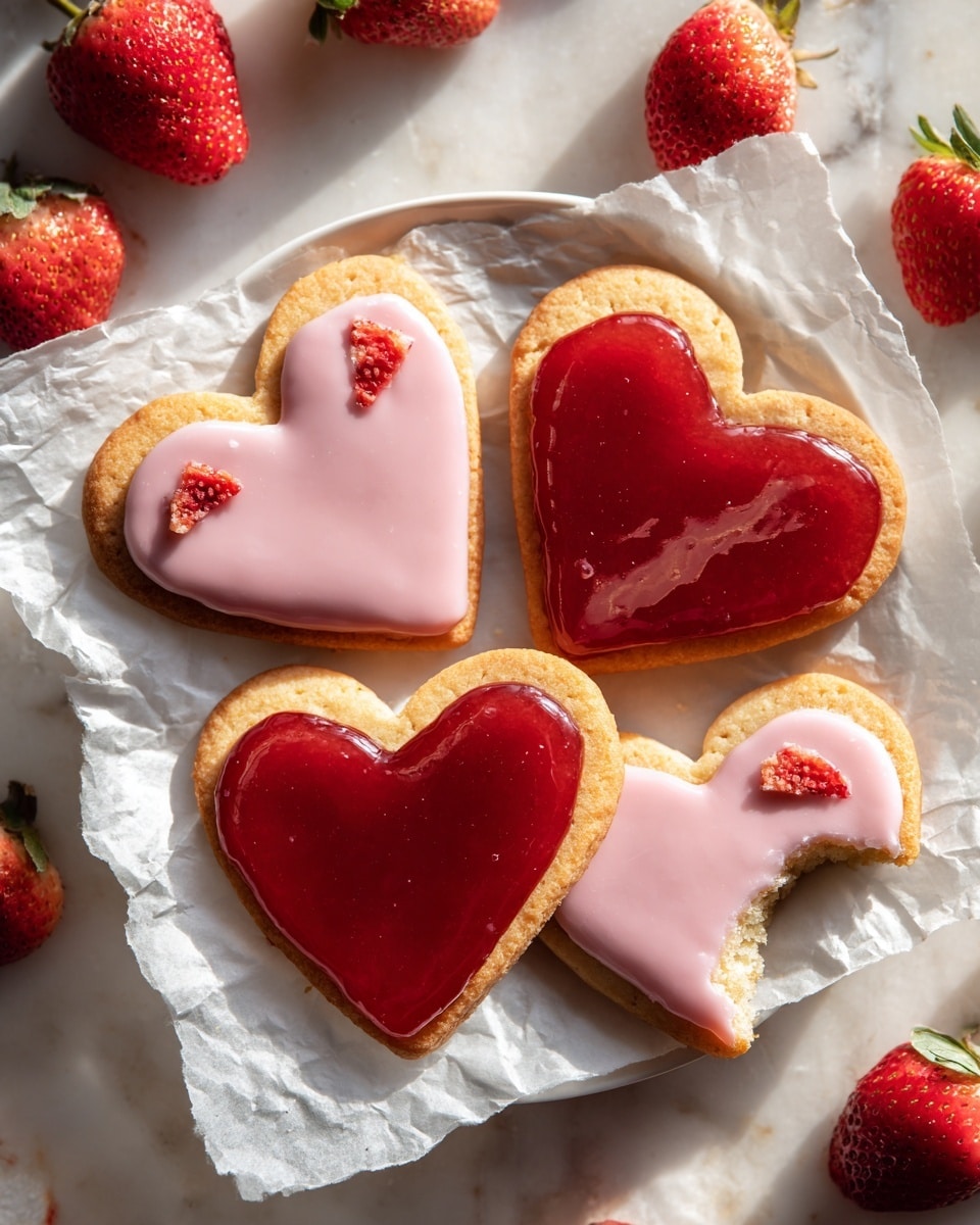 The image shows six heart-shaped cookies on crinkled white paper, placed on a white plate over a white marbled surface. Each cookie has two layers of light golden-brown dough with a visible red jam layer sandwiched in the middle. The top layer of each cookie is covered with smooth, pale pink icing. Two cookies have a small dried strawberry piece on top, and fresh whole strawberries are scattered around the plate. Two cookies have bites taken out, revealing the jam and dough layers clearly. The light creates soft shadows and highlights on the icing and jam. Photo taken with an iphone --ar 4:5 --v 7