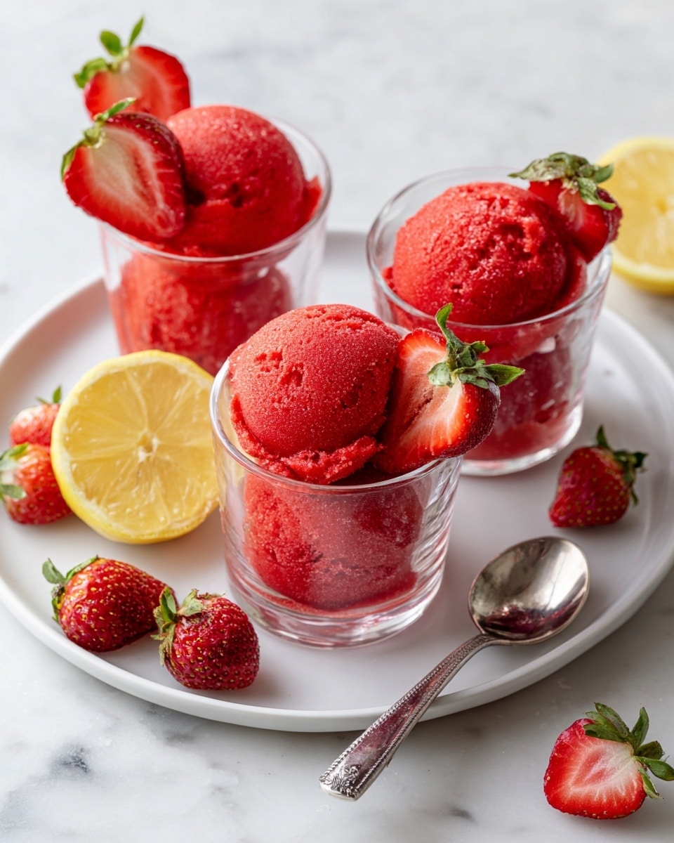 Three small clear glass cups each hold two bright red, round scoops of strawberry sorbet with a slightly rough texture, placed inside a white plate. Each cup is topped with a fresh half strawberry showing its red inside and green leaves. Around the plate, whole and halved fresh strawberries with green tops and a yellow lemon wedge add color contrast on a white marbled surface. A silver spoon lies nearby on the surface, catching some light. The arrangement has a fresh and cool look. photo taken with an iphone --ar 4:5 --v 7