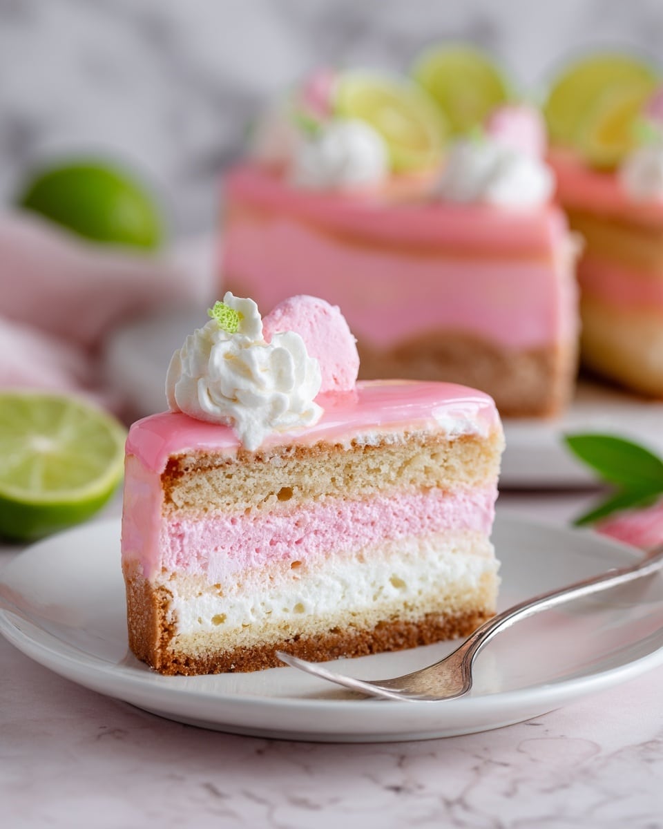 A slice of pink cake with three visible layers sits on a white plate with a silver fork beside it. The bottom layer is a light brown cake crust, the middle layer is thick and pink with a soft texture, and the top layer is white cream frosting topped with a shiny pink glaze. A small dollop of white cream and a pink candy decoration are on top of the slice. In the background, the rest of the cake shows the same three layers, with lime halves and green leaves adding color, all set on a white marbled surface. photo taken with an iphone --ar 4:5 --v 7