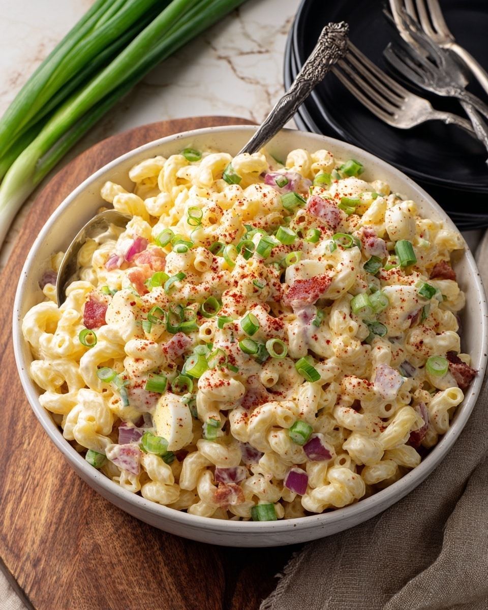 A large white bowl filled with creamy macaroni salad showing small macaroni noodles coated in light yellow mayonnaise mixed with chopped hard-boiled eggs, small red onion pieces, and bits of cooked bacon. The salad is topped with bright green sliced spring onions and a sprinkling of red paprika powder. A silver spoon rests inside the bowl, partially covered by the salad. The bowl sits on a wooden surface beside a couple of forks on a black round plate and a green onion on the side, with a white marbled texture surface behind it. photo taken with an iphone --ar 4:5 --v 7