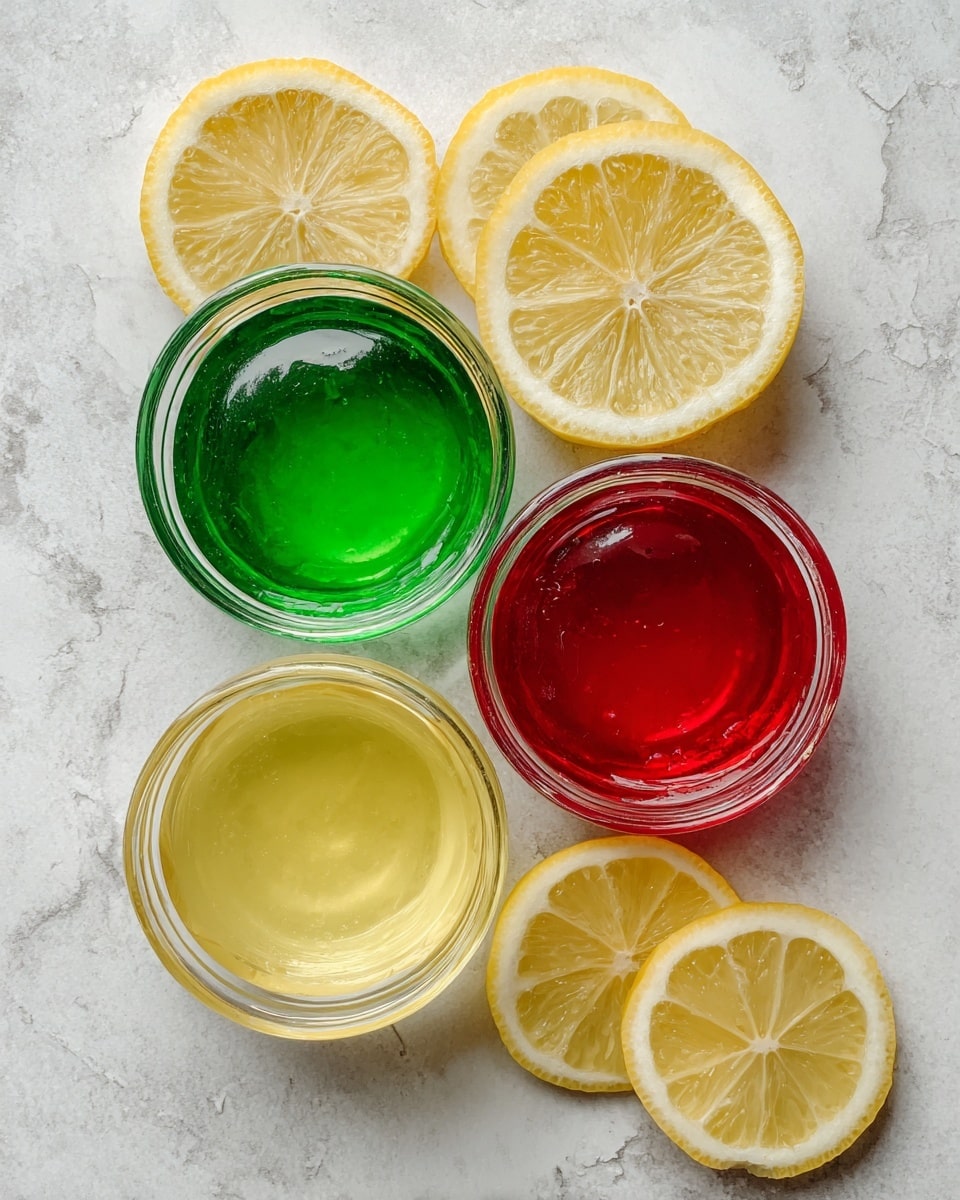 Three small clear glass bowls filled with liquid jelly-like desserts are placed on a white marbled surface. One bowl has bright green jelly with smooth, glossy texture; it is at the top center and contains a thin lemon slice inside. The bottom left bowl holds shiny, deep red jelly with a glass-like finish. The bowl on the right contains a light beige jelly, smooth and slightly translucent. Around the bowls, there are four lemon slices placed on the white marbled surface, adding a fresh yellow contrast. The photo taken with an iphone --ar 4:5 --v 7