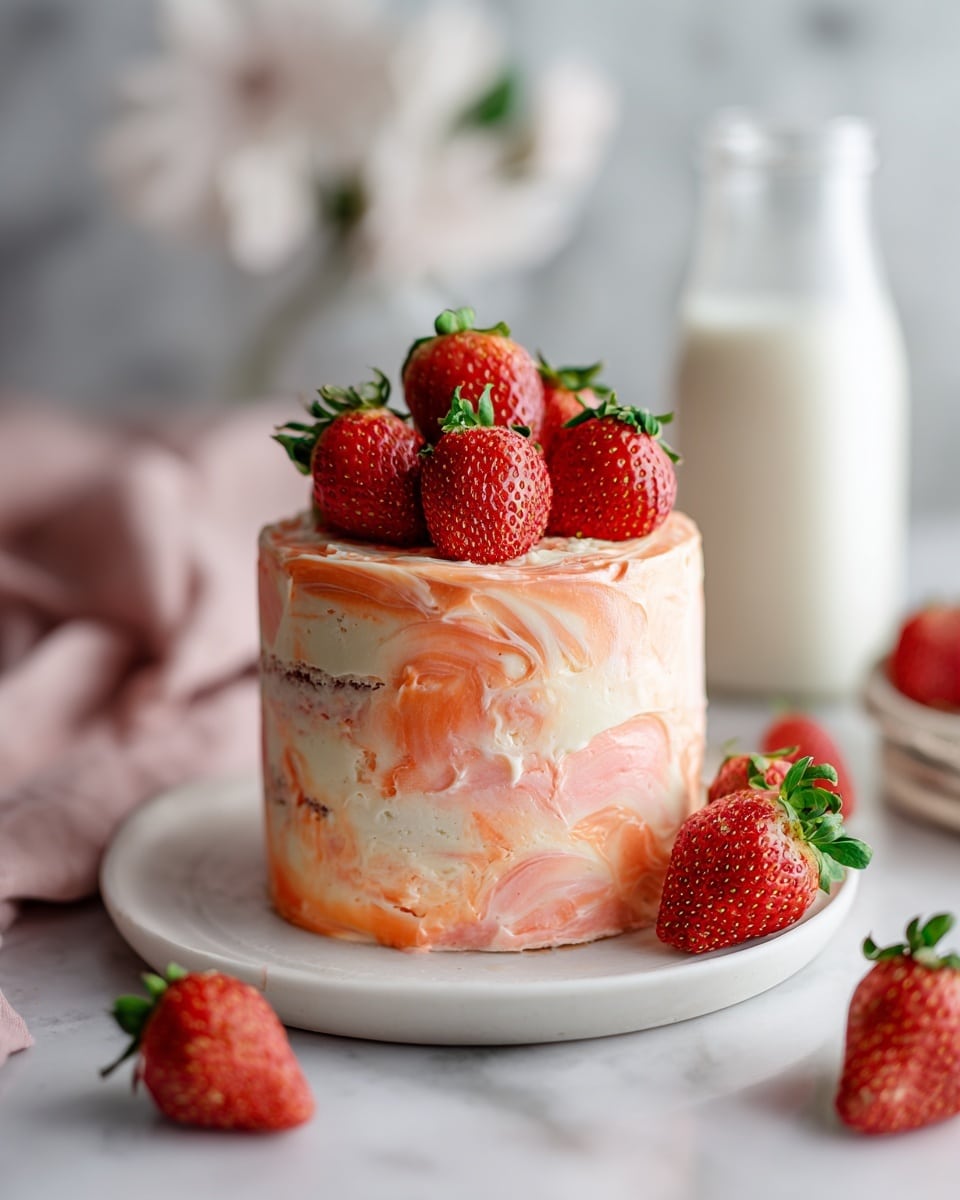 A small, round two-layer cake sits on a white plate with a smooth white marbled surface beneath. The cake frosting has a textured look with a gradient of pink to orange shades swirling around the sides. On top of the cake, there is a cluster of fresh red strawberries with green leaves, creating a bright contrast to the soft-colored frosting. Around the plate, a few more strawberries lie scattered. In the background, a glass bottle of milk adds a simple touch. Photo taken with an iphone --ar 4:5 --v 7