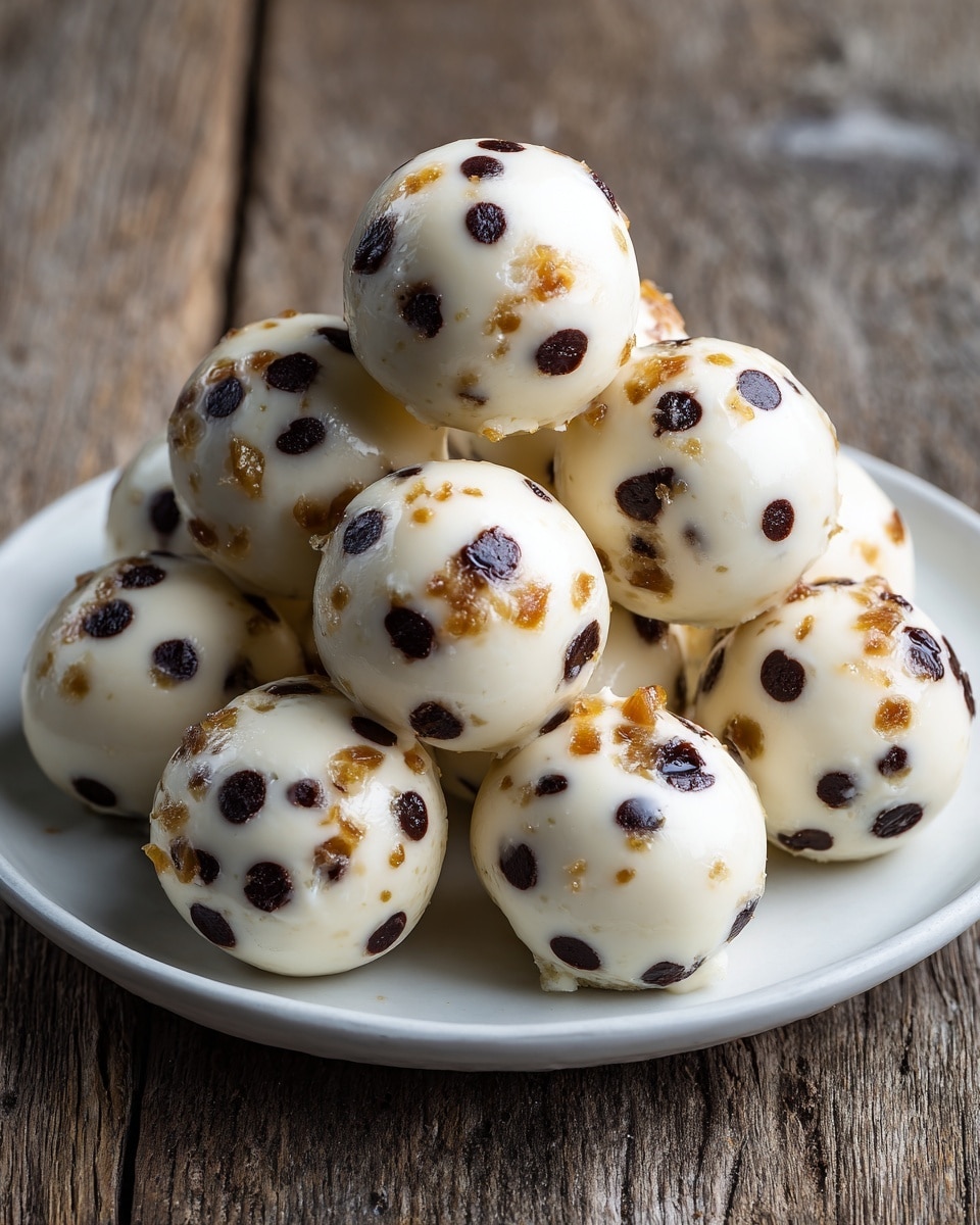 The image shows a white plate filled with round balls of creamy white dessert, each ball dotted with small dark chocolate chips and small caramel-colored bits, giving a speckled look. The balls are smooth and shiny, stacked in a small pile, with a soft, slightly textured surface that suggests a creamy inside. The plate sits on a rough wooden surface contrasting with the dessert's smoothness. photo taken with an iphone --ar 4:5 --v 7