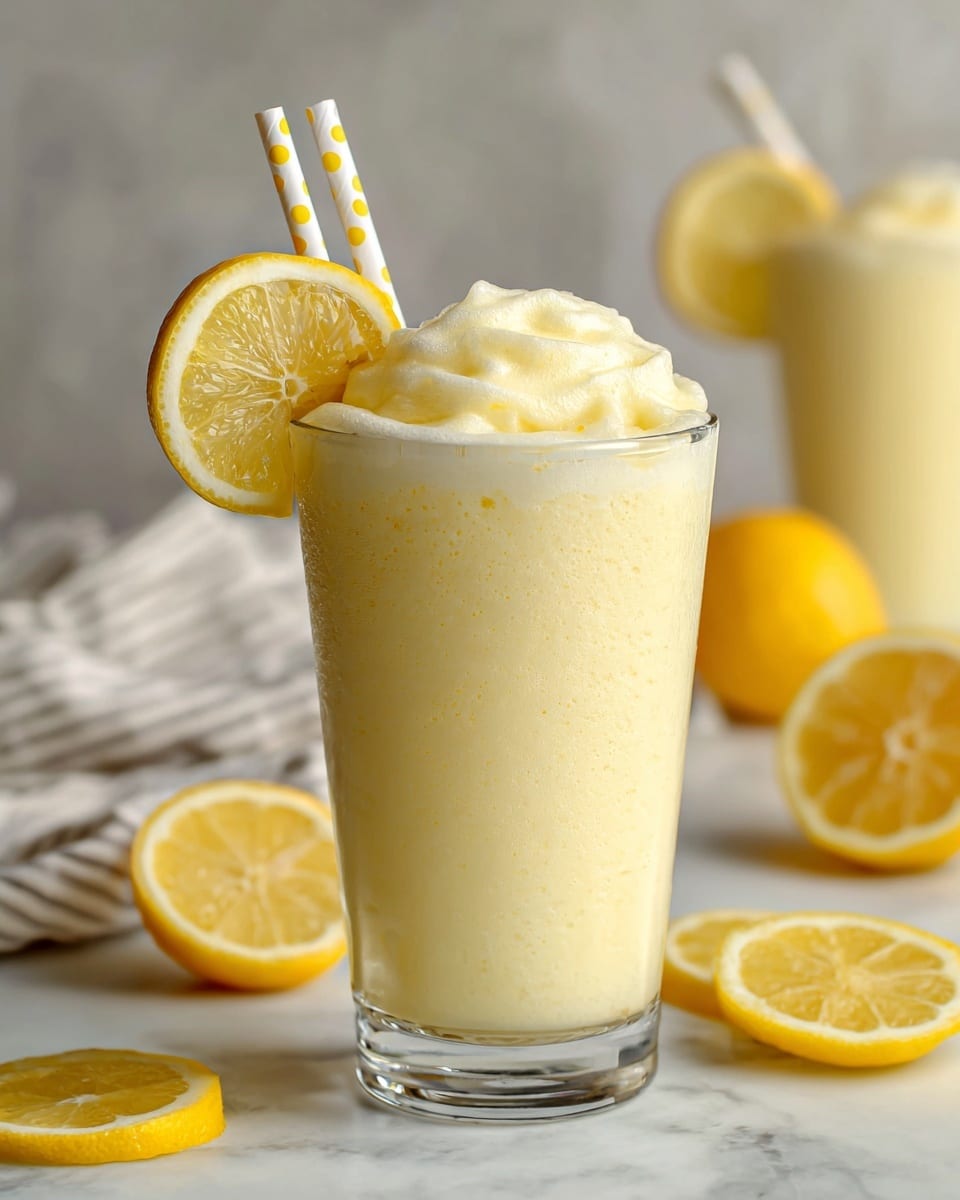 A tall clear glass is filled with a creamy pale yellow smoothie topped with a thick, fluffy foam that slightly spills over the rim. A thin slice of bright yellow lemon rests on the edge of the glass, and two white paper straws with yellow polka dots are placed inside. The glass sits on a white marbled surface, surrounded by several lemon slices that add sunny color to the scene. The background is softly blurred with hints of another smoothie glass and a striped cloth. Photo taken with an iphone --ar 4:5 --v 7