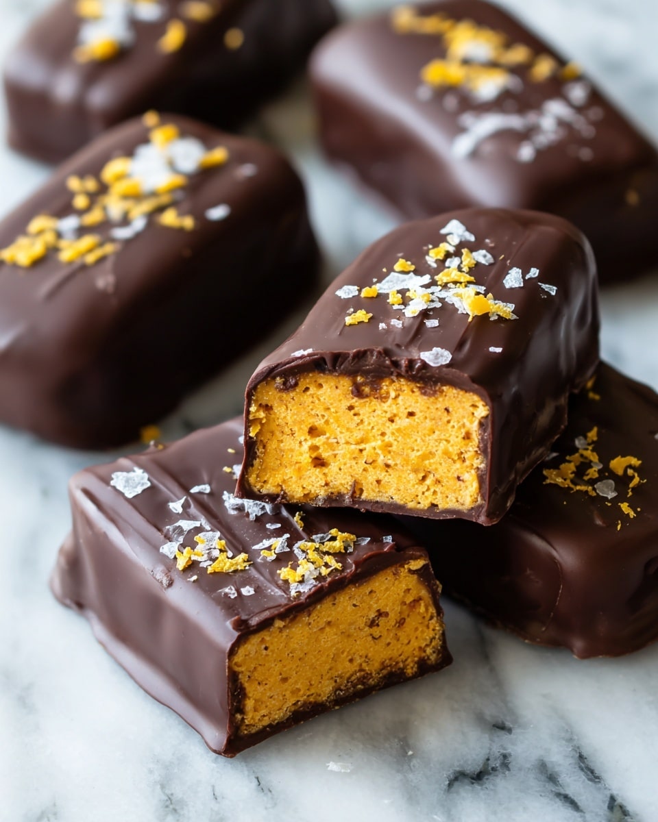 The image shows several chocolate-coated candy bars on a white marbled surface, with one piece cut in half to reveal a bright orange, textured filling inside. The outer layer is a smooth, dark brown chocolate with a slight shine, while the inside filling looks chewy and slightly crumbly with small yellow pieces scattered throughout. Some small yellow crumbs are sprinkled on top of the chocolate coating, adding a touch of color contrast. The close-up shot emphasizes the rich texture of both the chocolate and the filling, highlighting the layers clearly. photo taken with an iphone --ar 4:5 --v 7