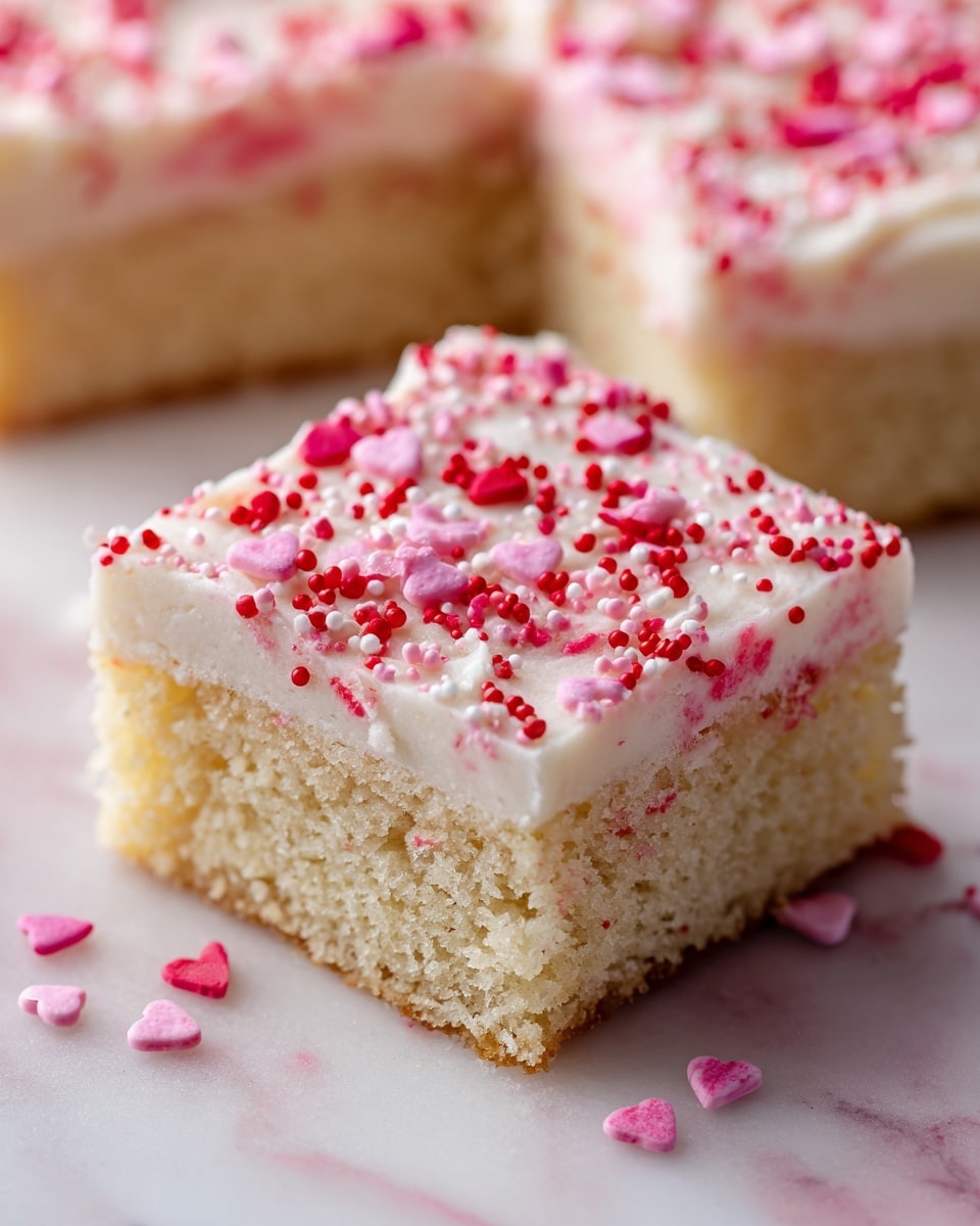A close-up image of a square piece of vanilla cake with two visible layers. The bottom layer is a pale yellow cake with a soft, crumbly texture. The top layer is thick white frosting with a smooth, creamy look, covered with small round sprinkles in shades of pink and red scattered evenly across. The cake sits on a white marbled surface. Part of another piece of cake is visible in the background. photo taken with an iphone --ar 4:5 --v 7