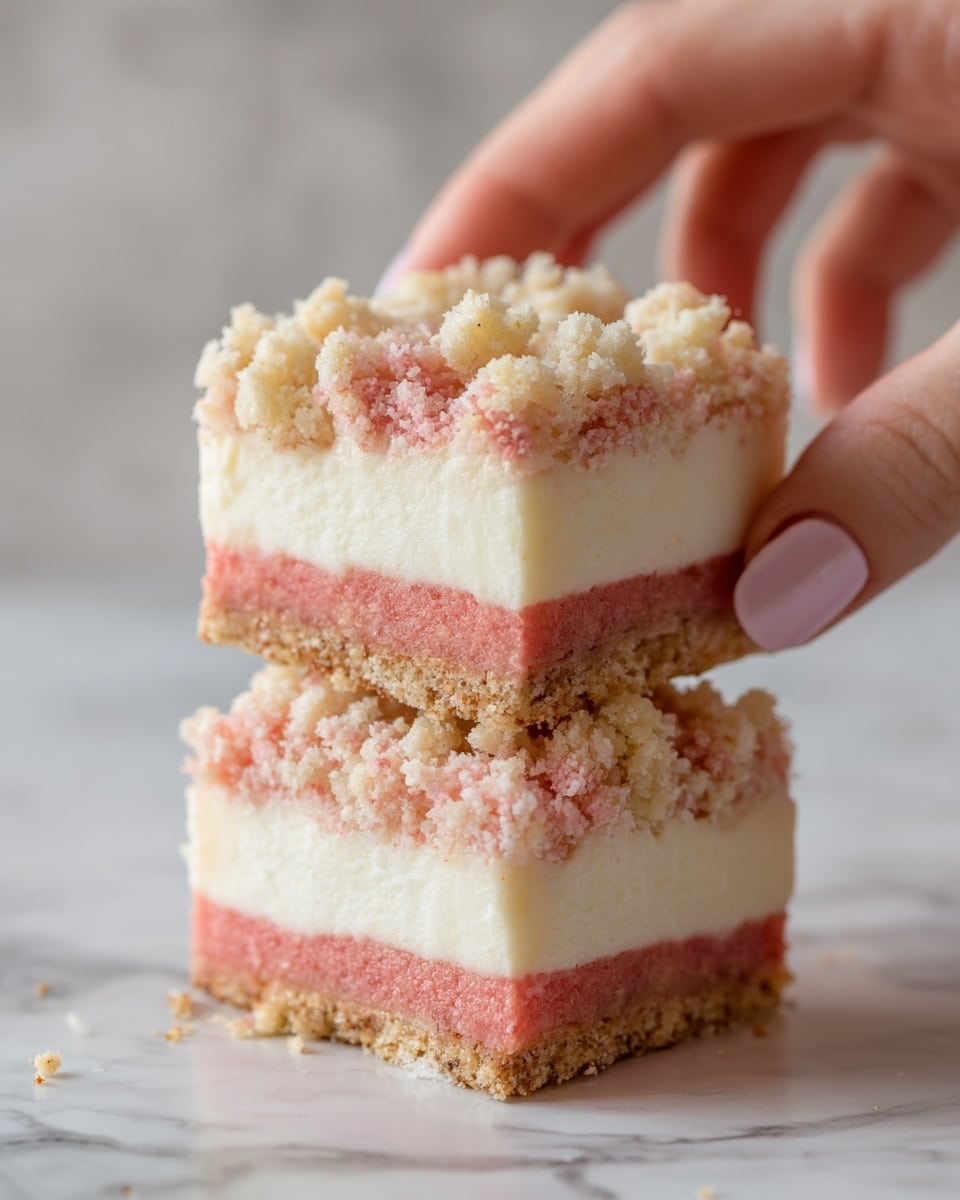 This close-up image shows a layered dessert with three visible layers: the bottom layer is a pink, smooth cake base, the middle layer is a thick white whipped cream, and the top layer is a crumbly topping in shades of pale pink and light beige. The crumbly topping looks soft with a mix of small and coarse crumbs spread evenly over the whipped cream. A bite is taken out of the top piece, revealing the texture of the cake and cream inside. The dessert sits on a white marbled surface, with a small part of a sliced strawberry visible in the corner. Photo taken with an iphone --ar 4:5 --v 7