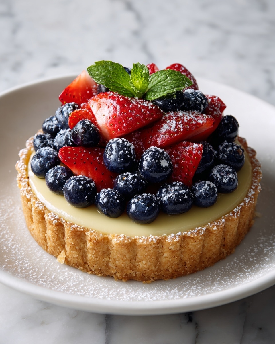 A round tart with a golden-brown crumbly crust forms the base, filled with a smooth, pale yellow creamy layer. On top, there is a generous mound of fresh blueberries and halved strawberries that are deep blue and bright red, glistening with a light shine. Two small green mint leaves are placed decoratively in the center, and the berries are lightly dusted with white powdered sugar. The tart sits on a plain white plate with a white marbled surface underneath. photo taken with an iphone --ar 4:5 --v 7