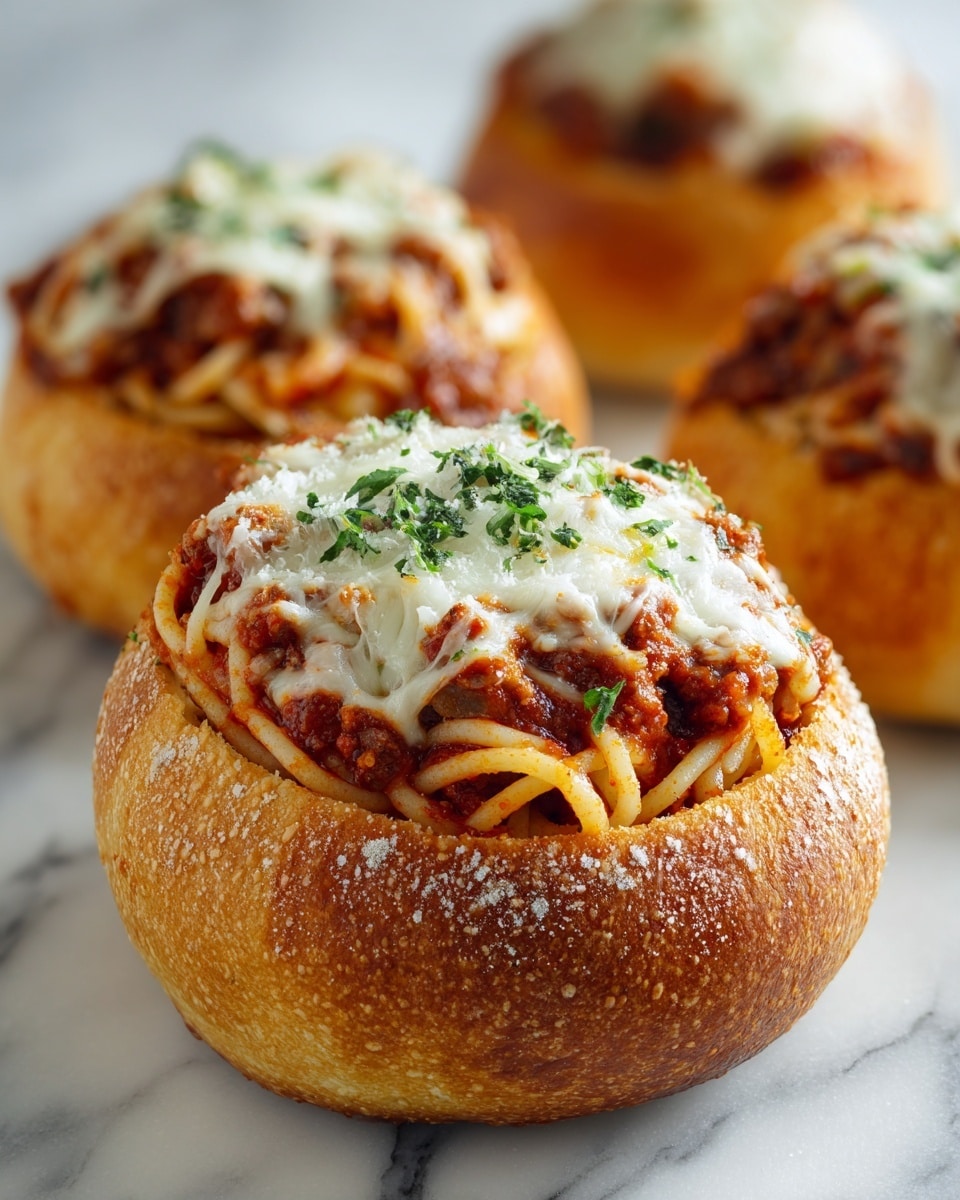 The image shows hollowed-out round bread rolls filled with spaghetti mixed with rich red tomato meat sauce. Each bread bowl has a generous layer of melted white cheese on top, sprinkled with small green herb bits. The outer crust of the bread is golden brown and crispy, creating a nice contrast with the smooth spaghetti noodles. The background is a white marbled texture. photo taken with an iphone --ar 4:5 --v 7