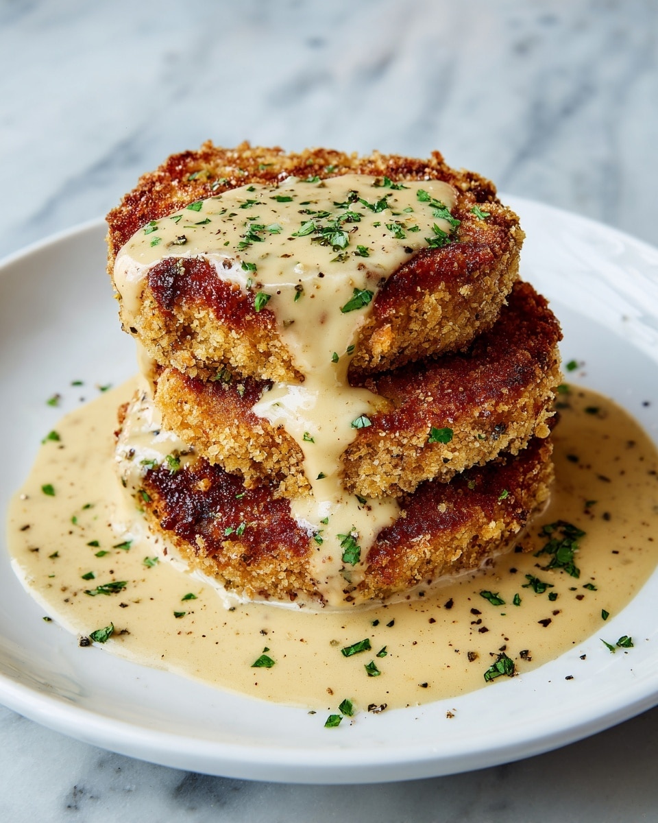 Four golden brown breaded patties with a crunchy texture are stacked slightly overlapping in the center of a white plate. The patties are coated with a creamy, light beige sauce that pools generously around them and drizzles on top, speckled with fresh green chopped herbs. The edges of the patties show a crisp, dark golden crust while the sauce gives a smooth contrast. The whole dish is set on a white marbled surface. Photo taken with an iphone --ar 4:5 --v 7
