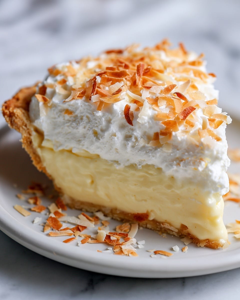 A slice of coconut cream pie is shown on a white plate with a white marbled background. The pie has three visible layers: the bottom layer is a light, flaky crust, the middle layer is a thick, pale yellow coconut cream that looks smooth and a bit shiny, and the top layer is a fluffy white whipped cream covering the whole slice. Toasted coconut flakes in golden brown are sprinkled over the whipped cream and around the plate, adding texture and color contrast. The lighting highlights the creaminess and softness of the pie. Photo taken with an iphone --ar 4:5 --v 7