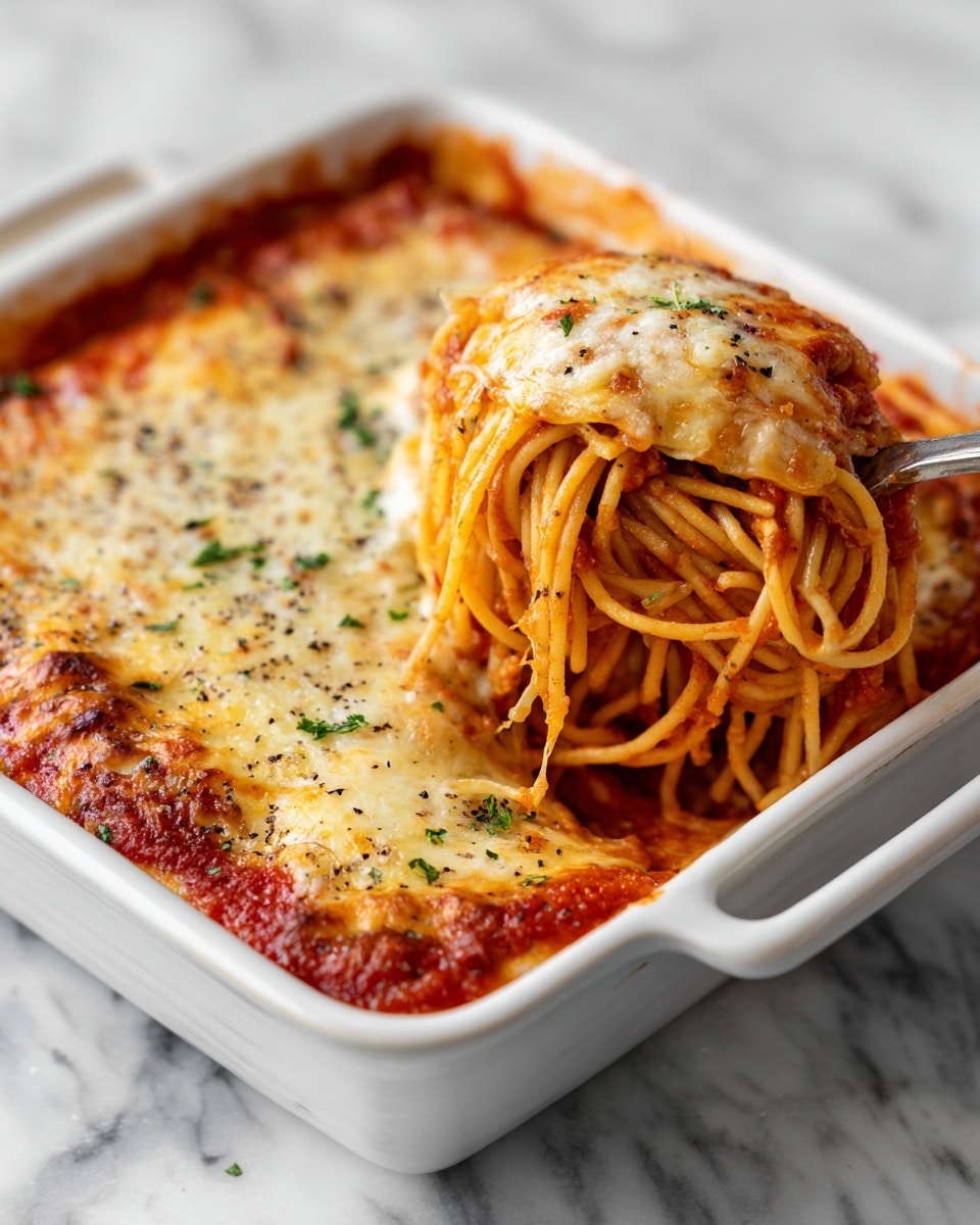 A white square baking dish filled with a baked spaghetti dish is shown. The bottom layer consists of long, light brown spaghetti noodles covered in a thick, bright red tomato sauce. On top of the sauce is a thick, bubbly layer of melted golden-brown cheese, sprinkled with black pepper and herbs. A fork is partially inserted into the spaghetti, lifting some noodles. The background is a white marbled surface. Photo taken with an iphone --ar 4:5 --v 7