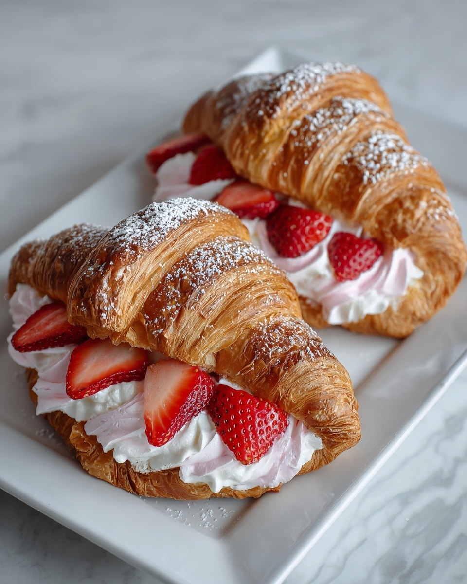 Two golden brown croissants with flaky, layered texture are placed side by side on a white rectangular plate. Each croissant is cut open in the middle, filled with a thick layer of light pink whipped cream that looks soft and fluffy. On top of the whipped cream, several slices of fresh red strawberries are neatly arranged, showing their juicy, shiny surface. The croissants are dusted with a light sprinkling of white powdered sugar on top, adding a delicate finish. The plate sits on a white marbled surface, and the photo taken with an iphone --ar 4:5 --v 7