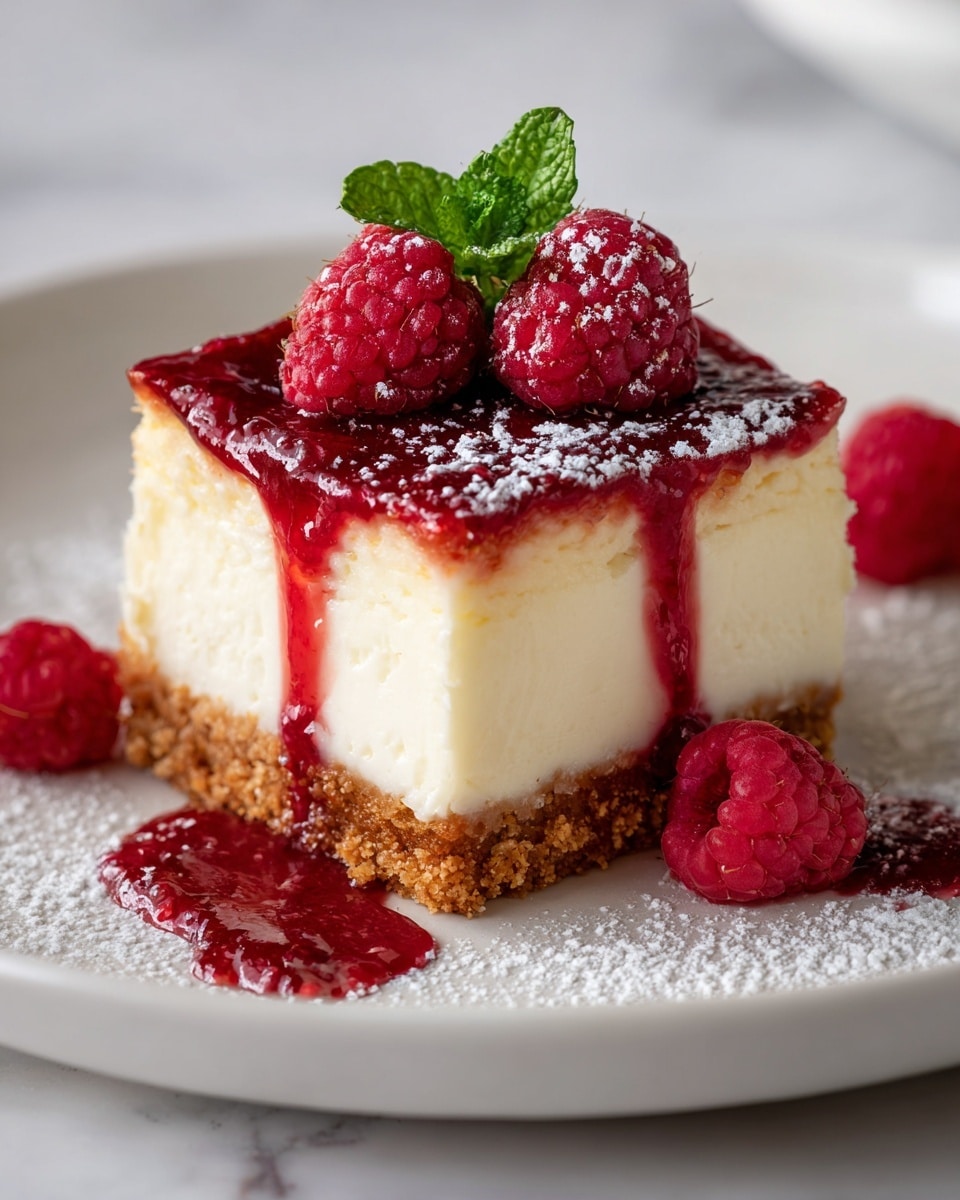 A square slice of cheesecake with three distinct layers is presented on a white plate over a white marbled surface. The bottom layer is a crumbly light brown crust, topped by a thick, creamy off-white cheesecake middle layer with a smooth texture. The top layer is a glossy, deep red raspberry sauce that slightly drips down the side. The cake is garnished with two fresh, bright red raspberries and a small green mint leaf on top, and a dusting of powdered sugar covers the sauce and plate. There are additional raspberries scattered around the plate. Photo taken with an iphone --ar 4:5 --v 7