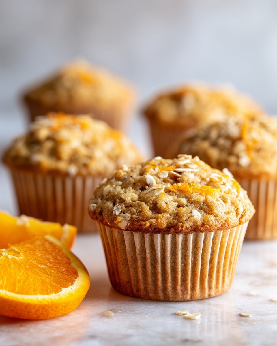 The image shows a close-up of five muffins placed on a white marbled surface, with one muffin prominently in the front and the other four blurred in the background. Each muffin has a golden-brown color with a textured top sprinkled with oats and small orange chunks suggesting a citrus flavor. To the left of the front muffin is a bright orange slice showing juicy segments. The muffins sit in matching paper liners that are light brown with vertical ridges. The lighting highlights the crumbly texture of the muffin tops and the freshness of the orange pieces, creating a warm and inviting look. photo taken with an iphone --ar 4:5 --v 7