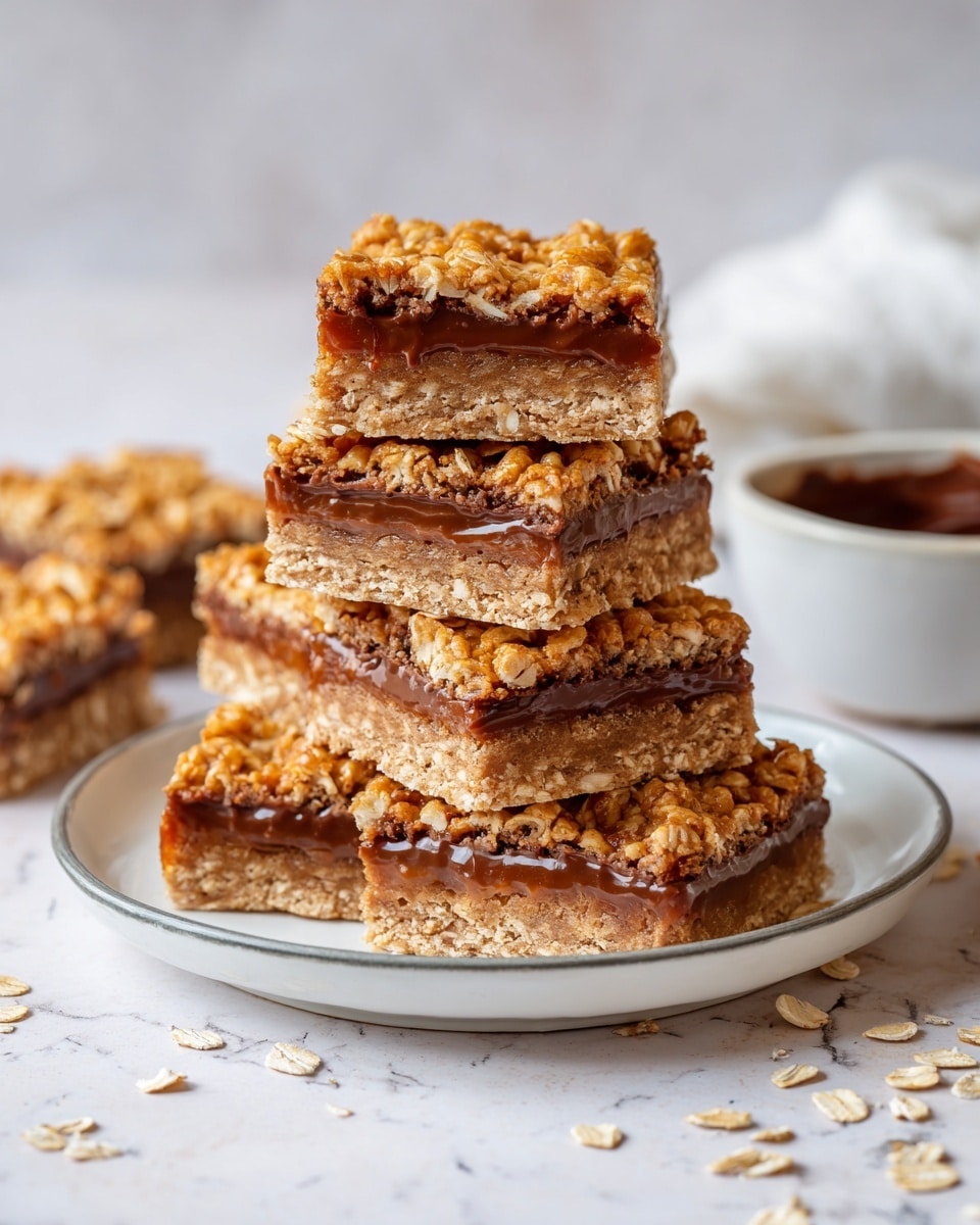A stack of seven square oat bars sits neatly on a white plate with a thin gray rim, placed on a white marbled surface. Each bar shows three visible layers: the bottom layer is a light brown, dense oat base; the middle layer is a darker brown, slightly gooey filling; the top layer is a golden oat crust with visible oats and a textured, shiny surface. Around the plate, a few oat flakes are scattered, and a small white bowl with dark chocolate sauce inside is visible in the top right corner. Photo taken with an iphone --ar 4:5 --v 7