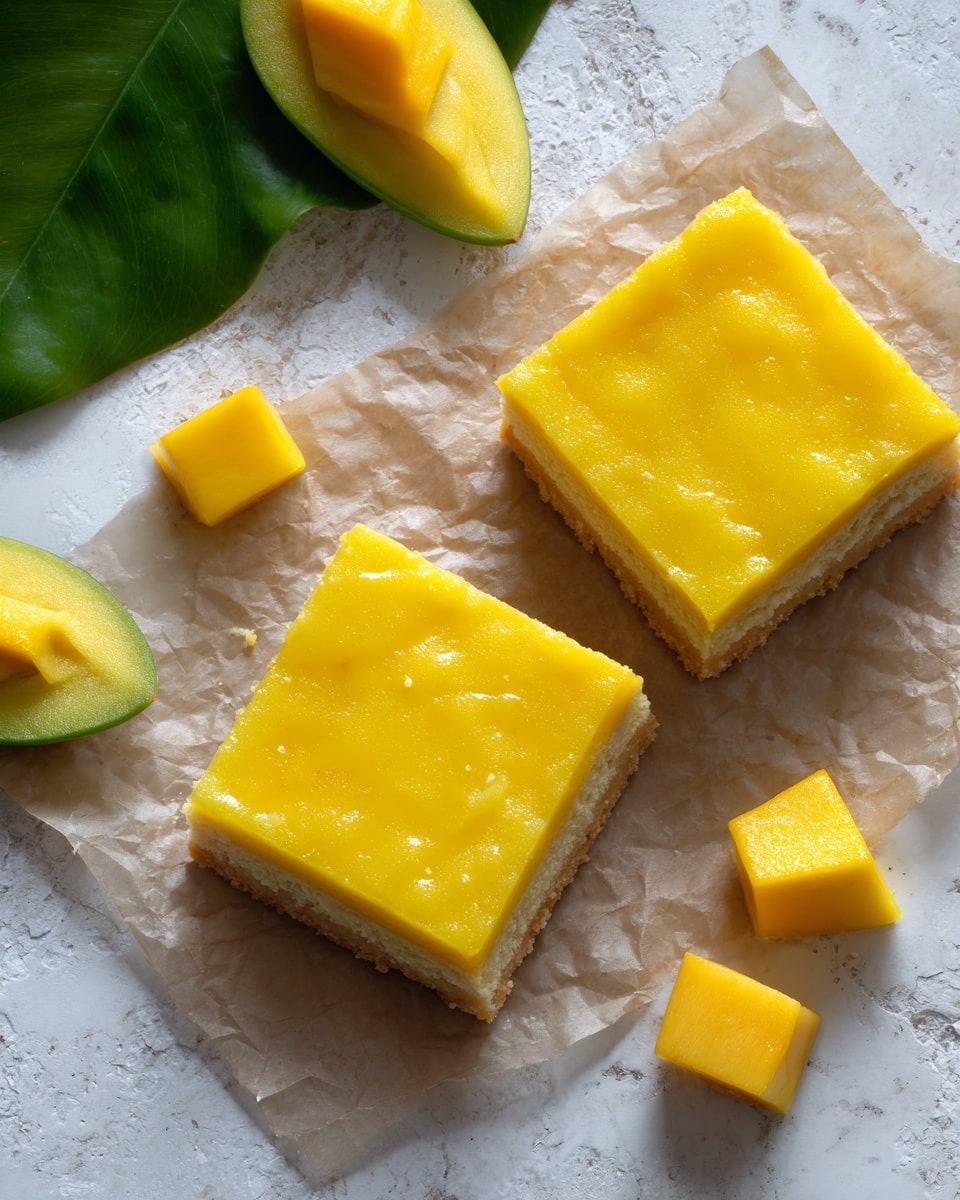 Two square yellow dessert bars with a smooth, glossy top layer sit on crinkled parchment paper. Each bar appears to have two layers: a dense, crumbly pale base and a shiny, slightly translucent yellow top layer. Around the bars, there are chunks of bright yellow fruit and a green fruit piece with a yellow inner flesh. A large green leaf is partially visible in the top left corner, all placed on a white marbled surface. photo taken with an iphone --ar 4:5 --v 7
