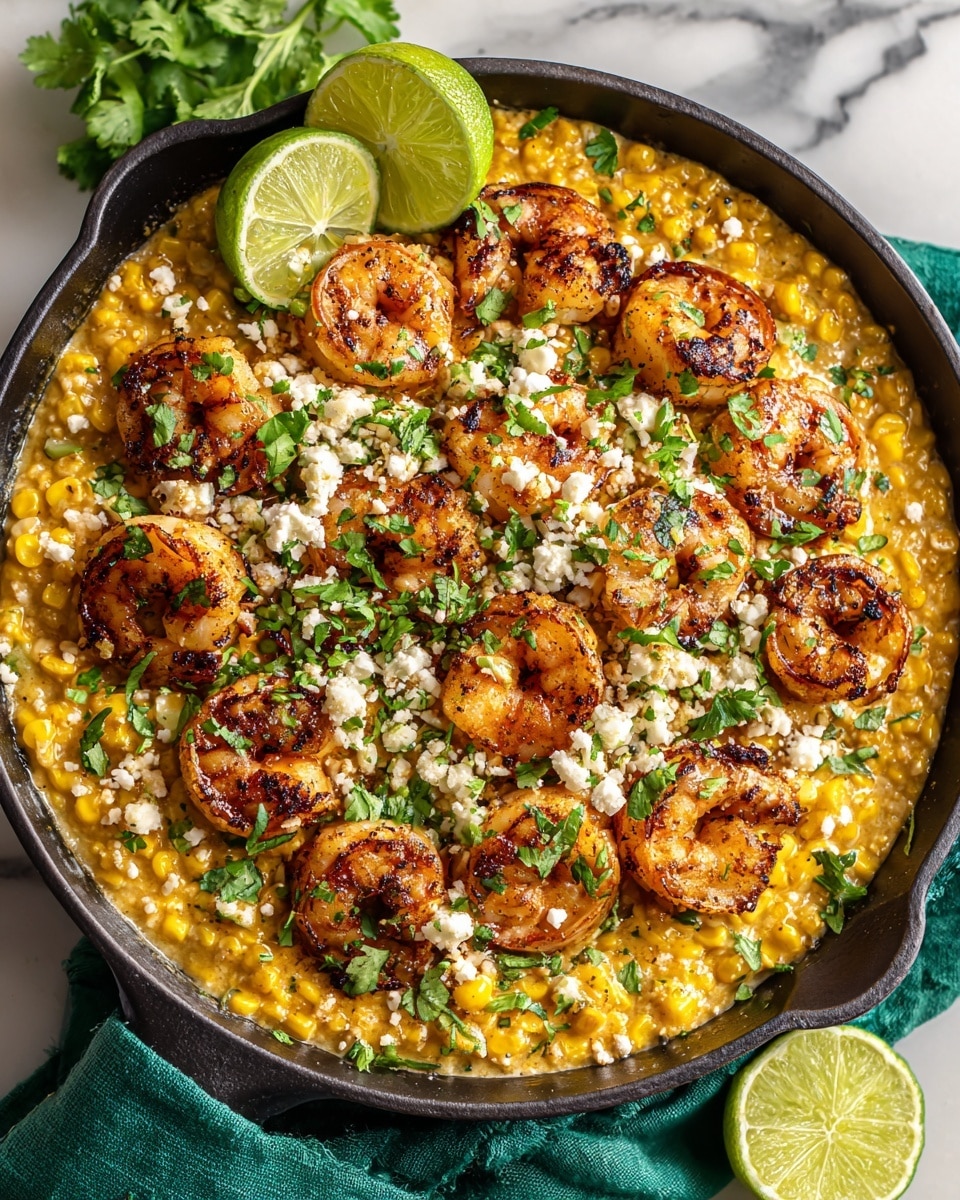A black skillet filled with a colorful Mexican street corn shrimp dish is set on a white marbled surface. The base layer is a creamy yellow corn mixture with visible whole corn kernels, topped with a layer of nicely grilled shrimp that have a golden-brown char on their surface. Scattered over the shrimp and corn are crumbled white cheese and finely chopped fresh green cilantro. Two lime wedges sit on top, adding a fresh contrast. The skillet rests on a green cloth, and a partially sliced lime is on the side. The textures show moist, creamy corn with firm, juicy shrimp, and a sprinkle of cheese and herbs for garnish. Photo taken with an iphone --ar 4:5 --v 7