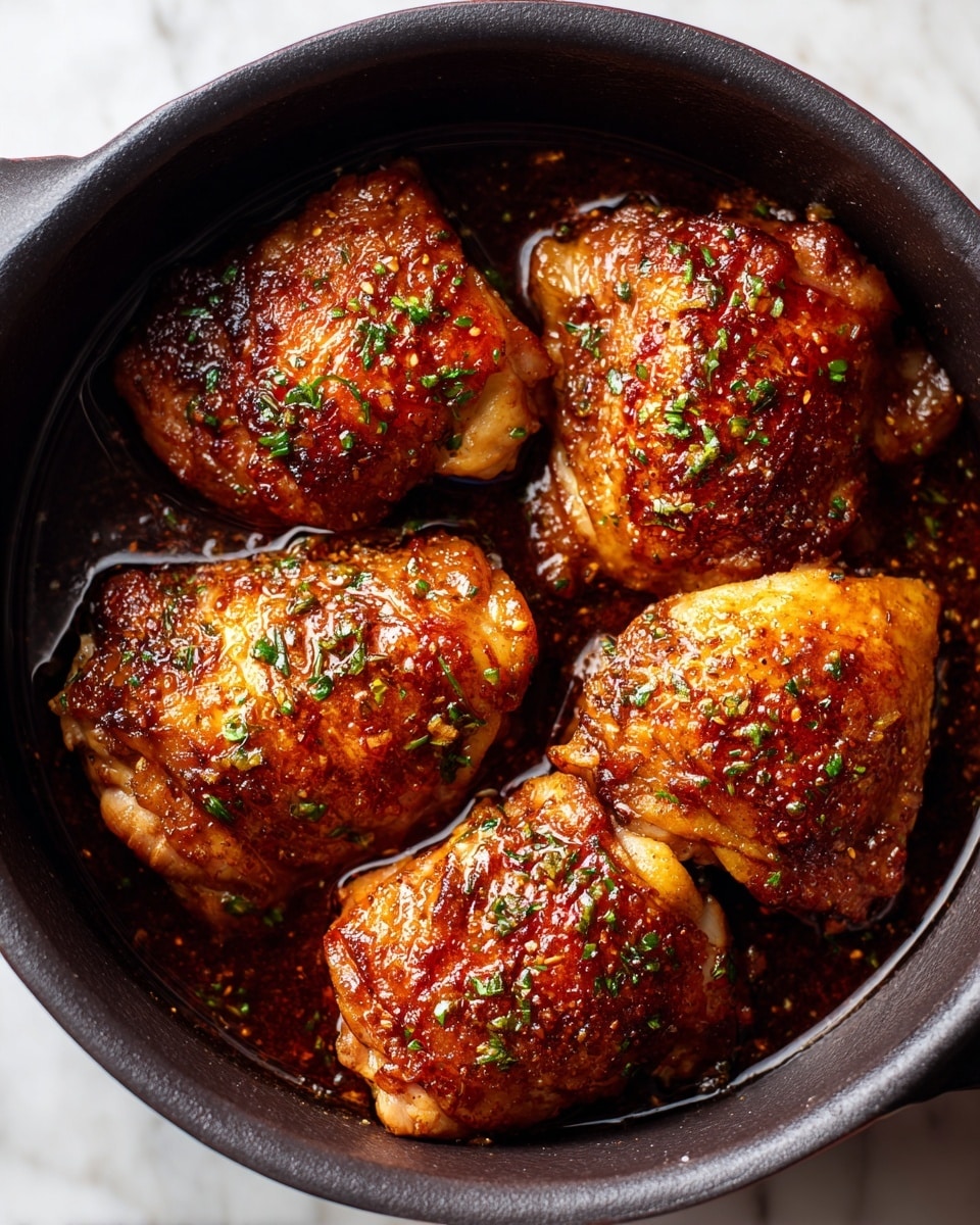 The image shows a white round bowl filled with four golden-brown cooked chicken thighs. The chicken has a shiny glaze with visible herbs sprinkled on top, mostly green in color, likely parsley or chives. The bowl is placed on a white marbled surface. The chicken pieces look juicy and slightly crispy on the edges, sitting in a dark sauce that pools around them, reflecting light softly. The photo taken with an iphone --ar 4:5 --v 7
