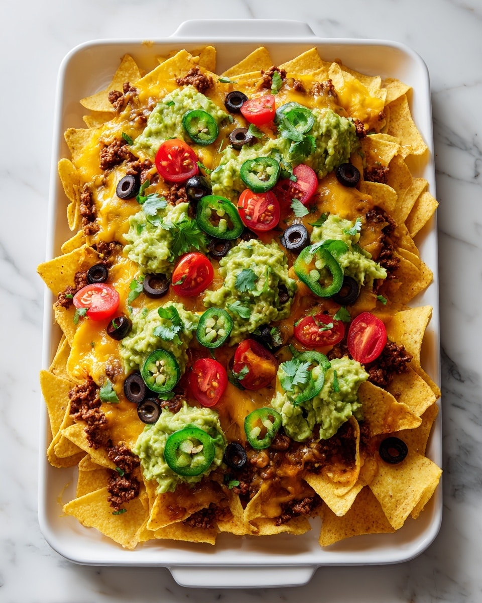 A white tray holds a layered nacho dish starting with a bottom layer of crispy yellow corn chips arranged around the edges, followed by a generous layer of melted golden cheese covering a mix of beans and ground meat. On top, there is a layer of chunky green guacamole spread unevenly, decorated with bright red sliced cherry tomatoes, dark brown sliced olives, and vibrant green sliced jalapeños scattered evenly. Small cilantro leaves add fresh green color among the toppings. The tray sits on a white marbled surface. Photo taken with an iphone --ar 4:5 --v 7