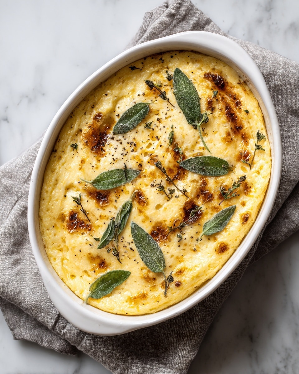 A white oval baking dish holds a creamy yellow baked dish with a slightly rough texture on top. The surface is dotted with small browned and caramelized pieces, giving patches of darker brown, almost burnt spots, spread evenly across. Fresh greenish-gray sage leaves are scattered over the top, adding contrast. Coarse black pepper specks are visible across the yellow layer, enhancing the texture. The dish sits on a soft gray cloth with hints of white marble beneath it. Photo taken with an iphone --ar 4:5 --v 7