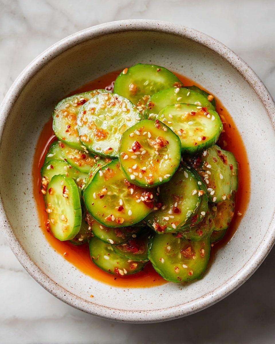 A white speckled bowl filled with thin, round slices of bright green cucumber stacked in a loose pile. The cucumber slices have a fresh, glossy look, coated with a shiny, reddish-orange sauce that has visible chili flakes and small bits of garlic. White sesame seeds are scattered on top, adding texture and contrast. The bowl rests on a white marbled surface with subtle gray veins. photo taken with an iphone --ar 4:5 --v 7
