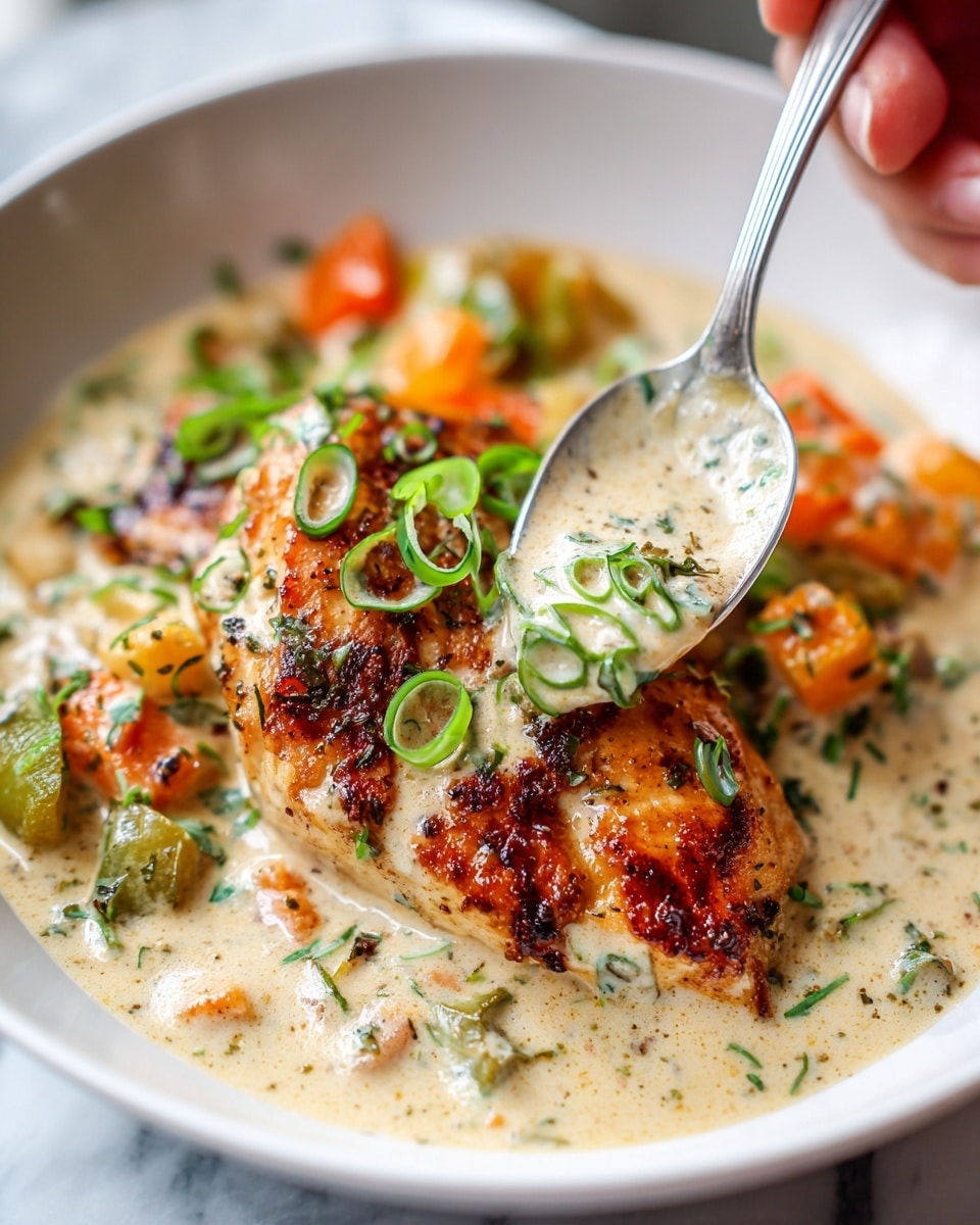 The image shows a close-up of a creamy chicken dish in a white bowl set on a white marbled surface. The chicken breast is browned with crispy edges, resting in a rich cream sauce that is light beige with specks of herbs. Around the chicken, there are small pieces of orange and green vegetables, possibly bell peppers or herbs, adding color contrast. On top of the chicken, there are thin slices of green onions scattered, adding a fresh, bright green layer. The cream sauce looks smooth and thick, partially covering the chicken and vegetables. A woman's hand is holding a white spoon, dipping into the sauce near the chicken. Photo taken with an iphone --ar 4:5 --v 7