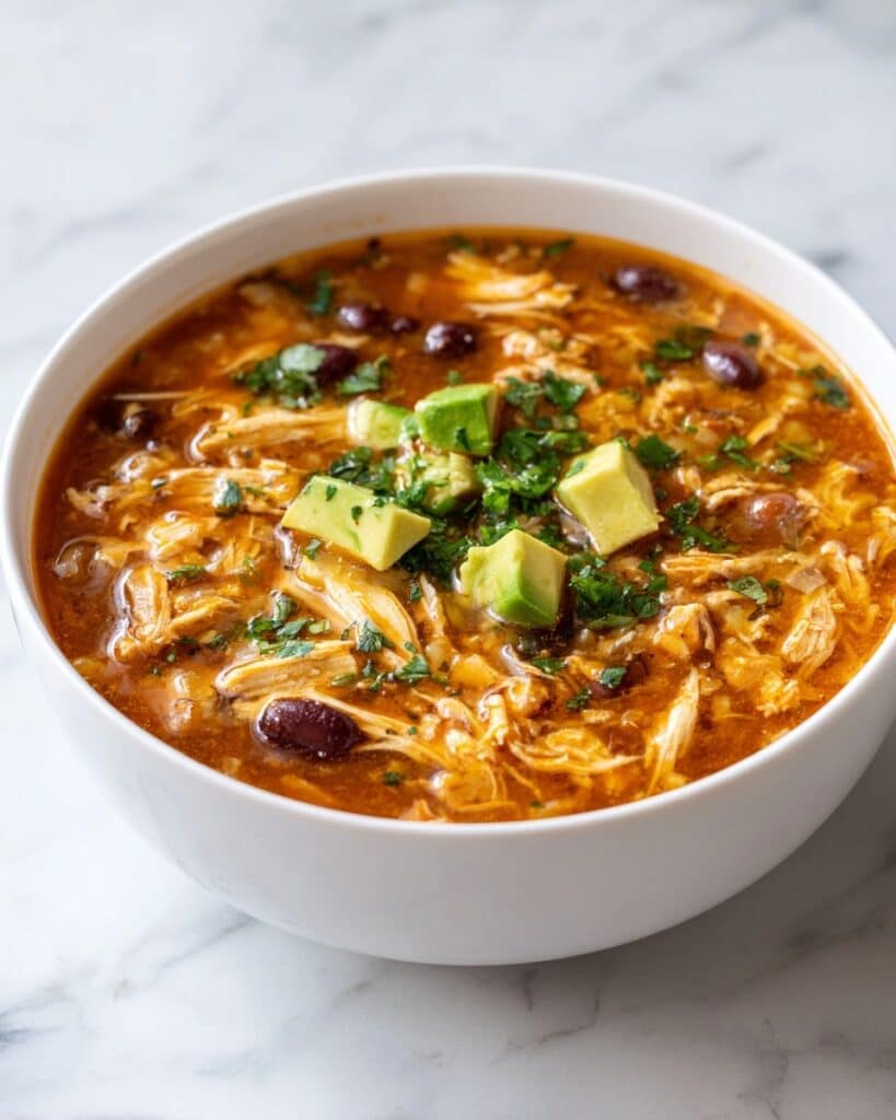 Hearty Chicken Enchilada Soup with Black Beans and Melted Cheese Recipe