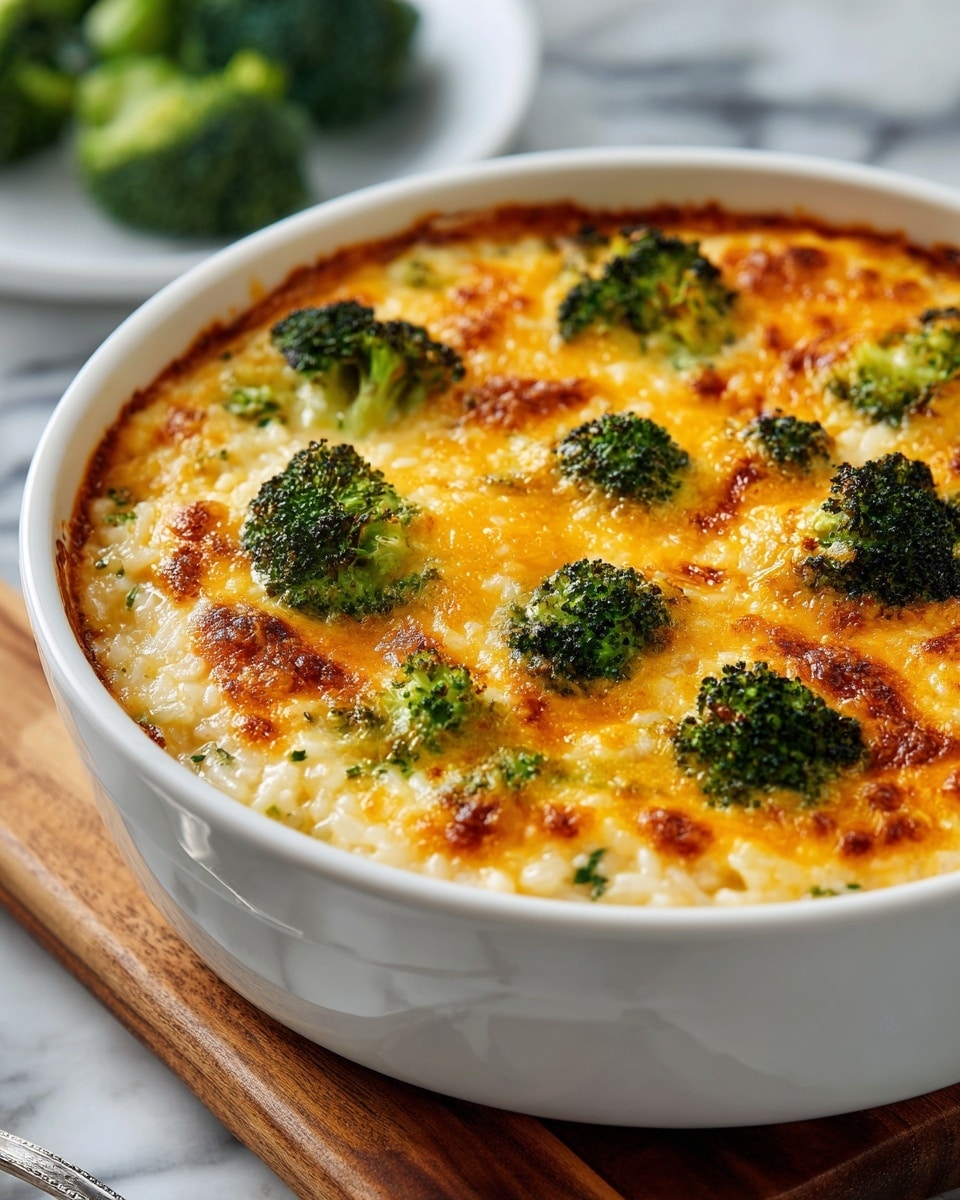 A white round baking dish is filled with a broccoli and rice casserole that has three main layers. The bottom layer is white rice mixed with small bits of green broccoli. The middle layer is light yellow melted cheese that slightly covers the rice. The top layer is a mix of golden-brown melted cheese with crispy edges and bright green broccoli florets scattered on top. The dish sits on a wooden board over a white marbled surface, and the background includes blurred broccoli pieces. photo taken with an iphone --ar 4:5 --v 7