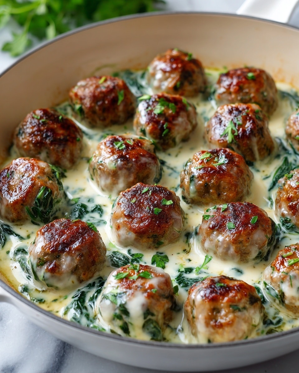 The image shows a white pan filled with round chicken meatballs that have a golden-brown top layer and a creamy white sauce underneath. The meatballs have visible bits of green herbs inside and sit on a layer of wilted spinach mixed with the thick white sauce. The sauce looks smooth and creamy, pooling gently around the meatballs, which are arranged closely in the pan. The pan is set on a white marbled surface with blurred green leaves in the background. photo taken with an iphone --ar 4:5 --v 7