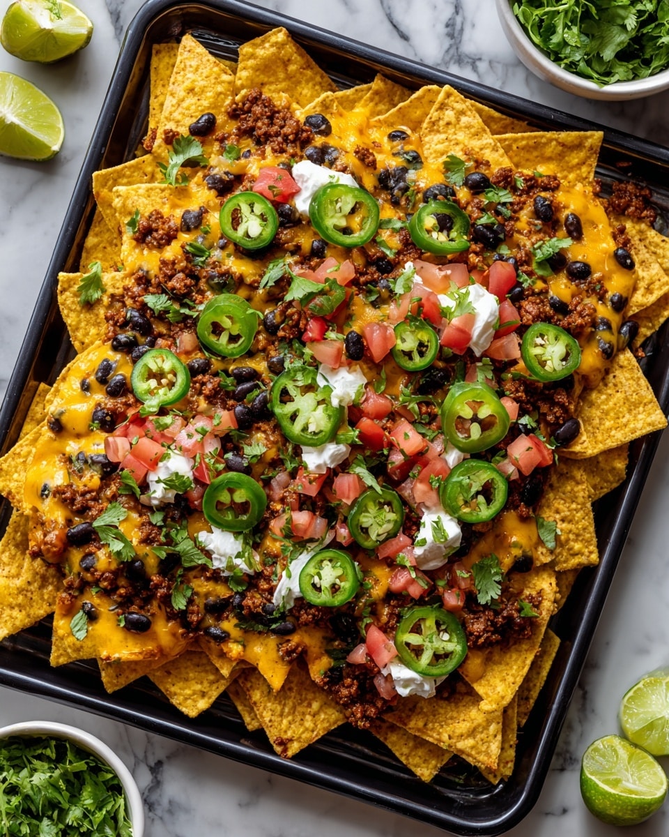 A square black tray filled with a layered dish of nachos, starting with a base of yellow corn chips, topped with a mix of melted cheese, black beans, and crumbled ground meat scattered across the chips, followed by a colorful layer of diced red tomatoes and chopped green cilantro leaves. On top, slices of green jalapeño peppers and dollops of creamy white cheese are spread evenly, with a few whole green olives adding more texture and color. The tray is set on a white marbled surface with some lime halves and a white bowl of cilantro visible nearby. Photo taken with an iphone --ar 4:5 --v 7