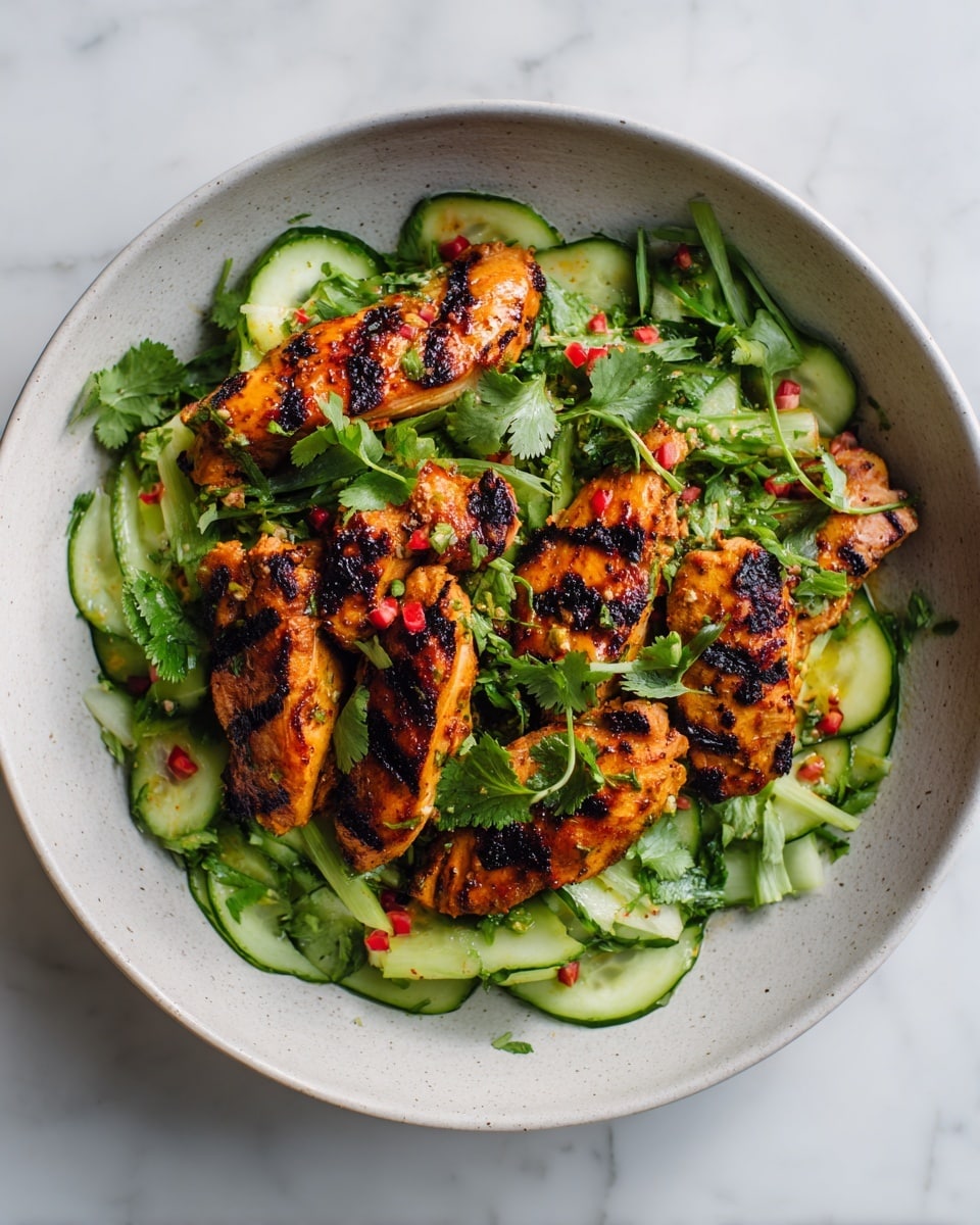 The dish shows six pieces of grilled chicken with dark char marks, colored orange and brown, placed on top of a bed of light green cucumber slices. The cucumbers are thinly cut and scattered under and around the chicken. Bright green cilantro leaves are sprinkled over the chicken and cucumbers for garnish. There are small pieces of red bell pepper and green herbs mixed with the cucumbers. Everything is served in a white bowl with a light gray speckled texture, set on a white marbled surface. Photo taken with an iphone --ar 4:5 --v 7