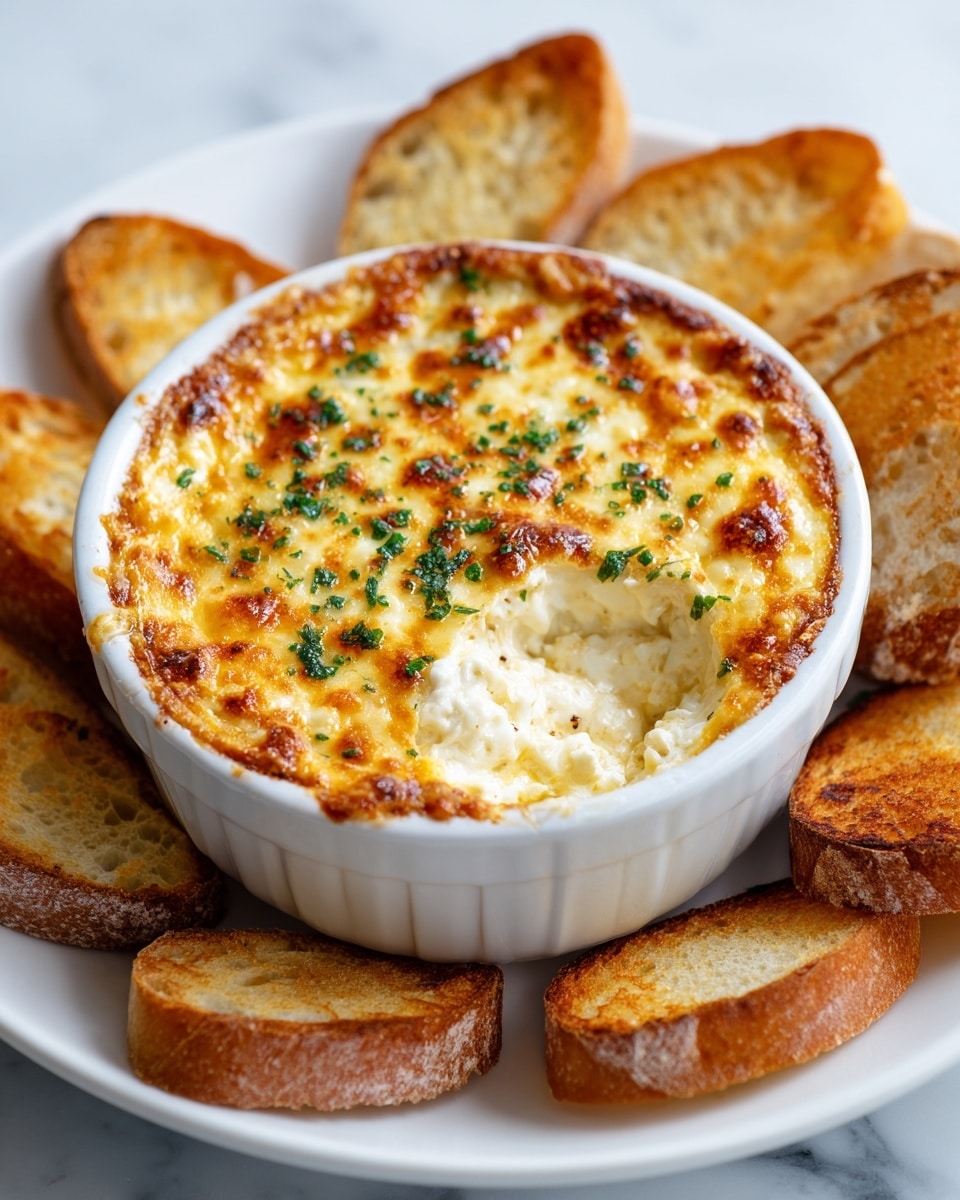 A white round ramekin filled with a creamy, golden-brown baked cheese dip topped with chopped green herbs; the dip has a slightly browned bubbly surface and a scoop taken out, showing a smooth, thick interior mixed with chunks of white meat. The ramekin is surrounded by toasted baguette slices that are golden with crisp edges. All this is placed on a white plate with a white marbled background. photo taken with an iphone --ar 4:5 --v 7