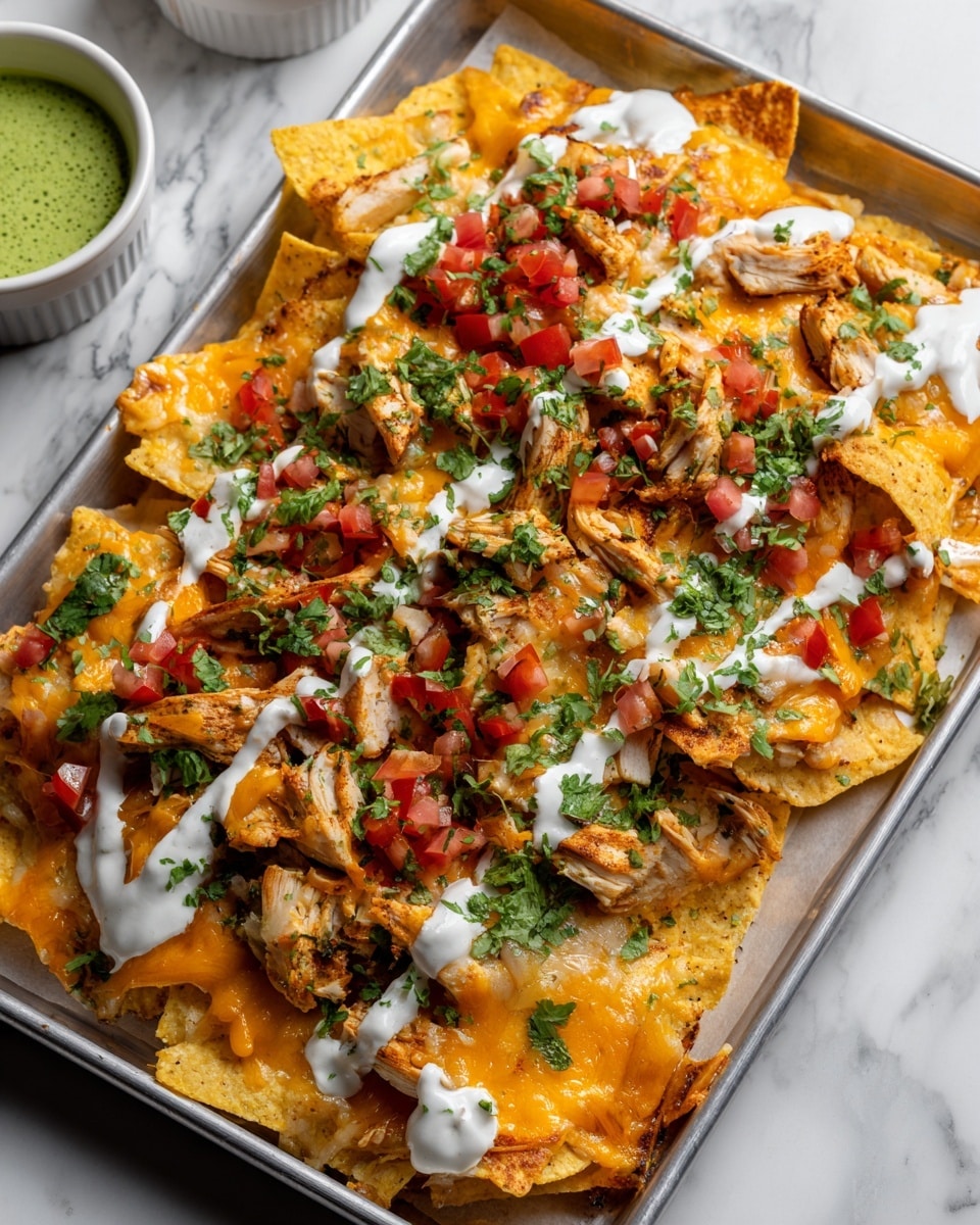 A metal tray is full of layered nachos starting with a base of crispy yellow corn chips, then topped with melted orange cheese that clings to the chips. On top are pieces of grilled chicken in light brown with visible texture, scattered across evenly. Fresh red diced tomatoes and bright green chopped cilantro add color and freshness, with dollops of creamy white sauce spread over the top. The tray rests on a surface with a white marbled texture. In the background, there is a white bowl with green sauce visible photo taken with an iphone --ar 4:5 --v 7