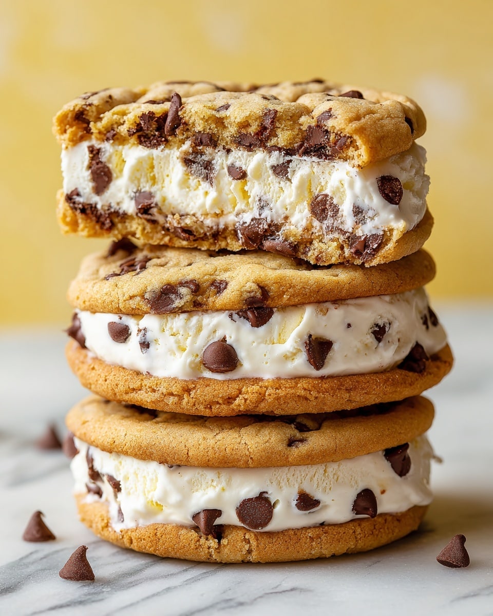 A close-up image shows a stack of three chocolate chip cookie ice cream sandwiches placed on a white marbled surface against a soft yellow background. Each sandwich has two thick, golden brown cookies studded with semi-sweet chocolate chips, enclosing a smooth, white ice cream layer that slightly melts and oozes out in places. The top sandwich is cut in half, revealing the soft, creamy ice cream inside dotted with a few visible chocolate chips, and the crunchy texture of the cookies with more chips embedded. The layers are thick and the cookies look soft but firm enough to hold the ice cream. photo taken with an iphone --ar 4:5 --v 7